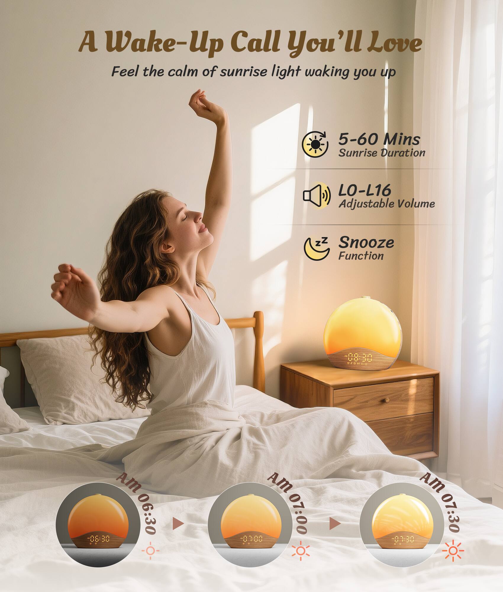A Wake-Up Call You'll Love, Feel the calm of sunrise light waking you up, 5-60 Mins Sunrise Duration, LO-L16 Adjustable Volume, Snooze Function, 00:30 on 00:30, AM 06:30 - 00:30, AM 07:00 - 00:30, AM 07:30 - 00:30.