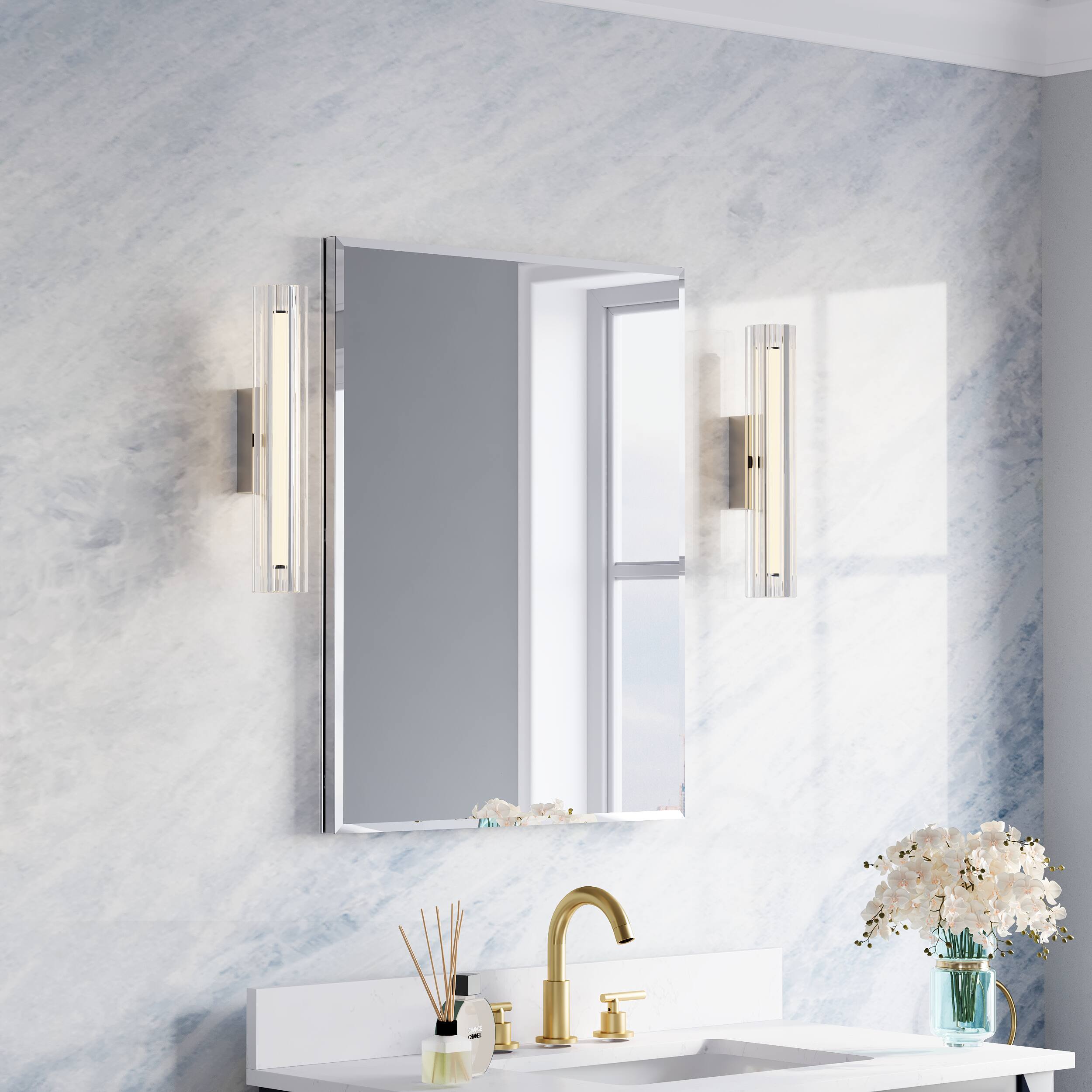 Back. WELLFOR - 24 in. W x 30 in. H Rectangular Aluminum Tri-View Beveled-Edge Medicine Cabinet with Mirror, Soft-Close BLUM Hinge - Silver.