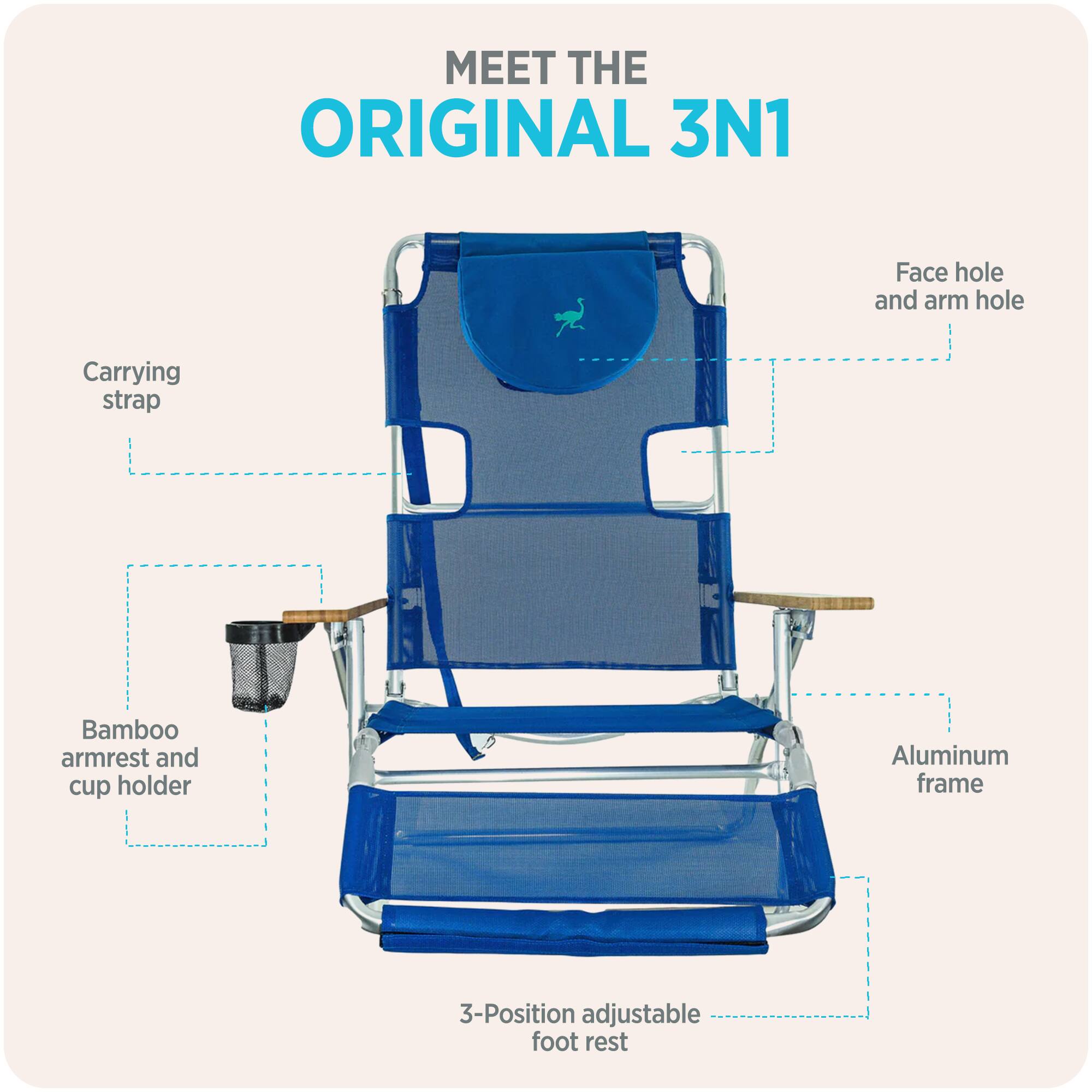 MEET THE ORIGINAL 3N1

- Face hole and arm hole
- Carrying strap
- Bamboo armrest and cup holder
- Aluminum frame
- 3-Position adjustable foot rest
