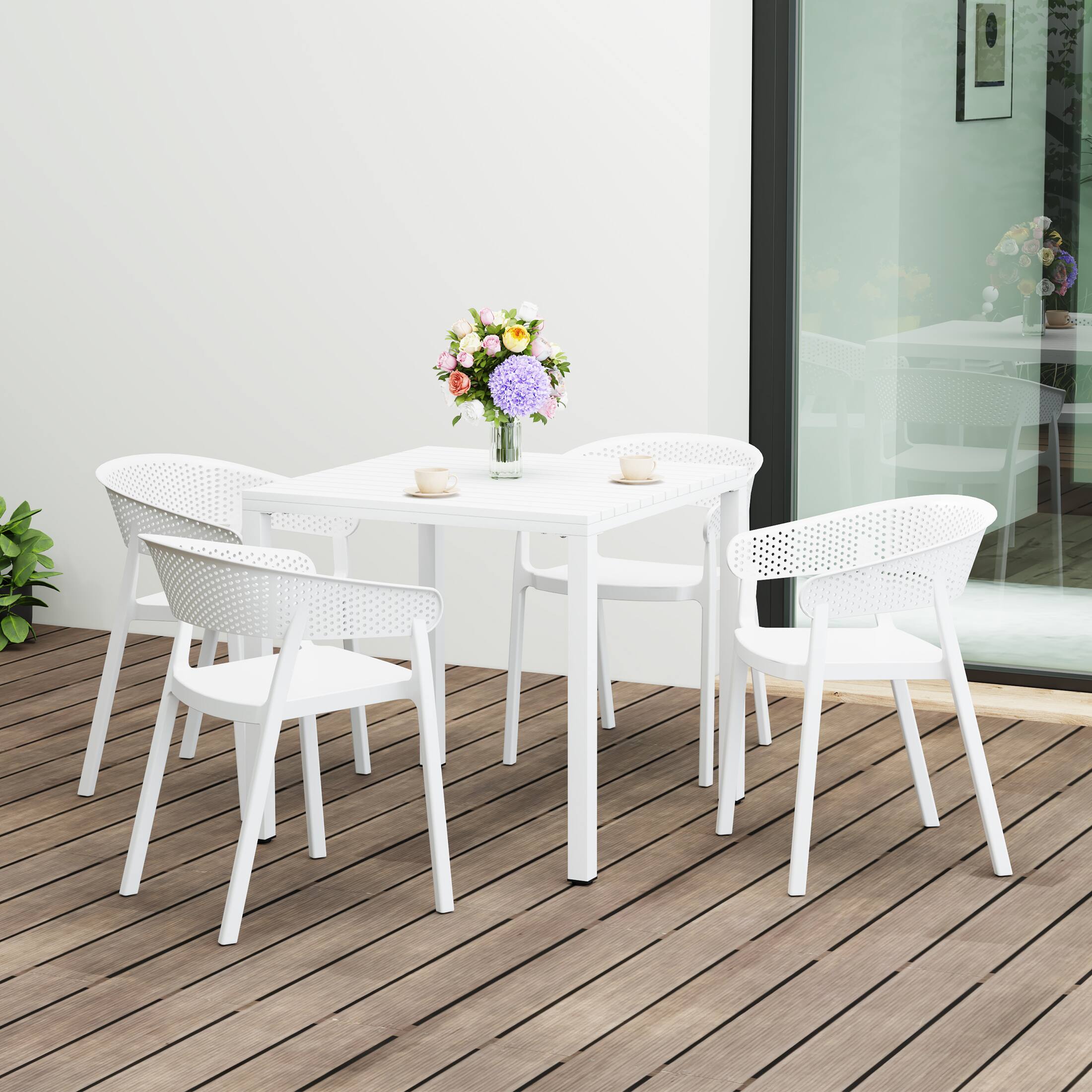 Angle. WestinTrends - WestinTrends Playa 5-Piece Outdoor Metal Frame Square Dining Table Patio Set with Stackable Patio Dining Chairs - White.