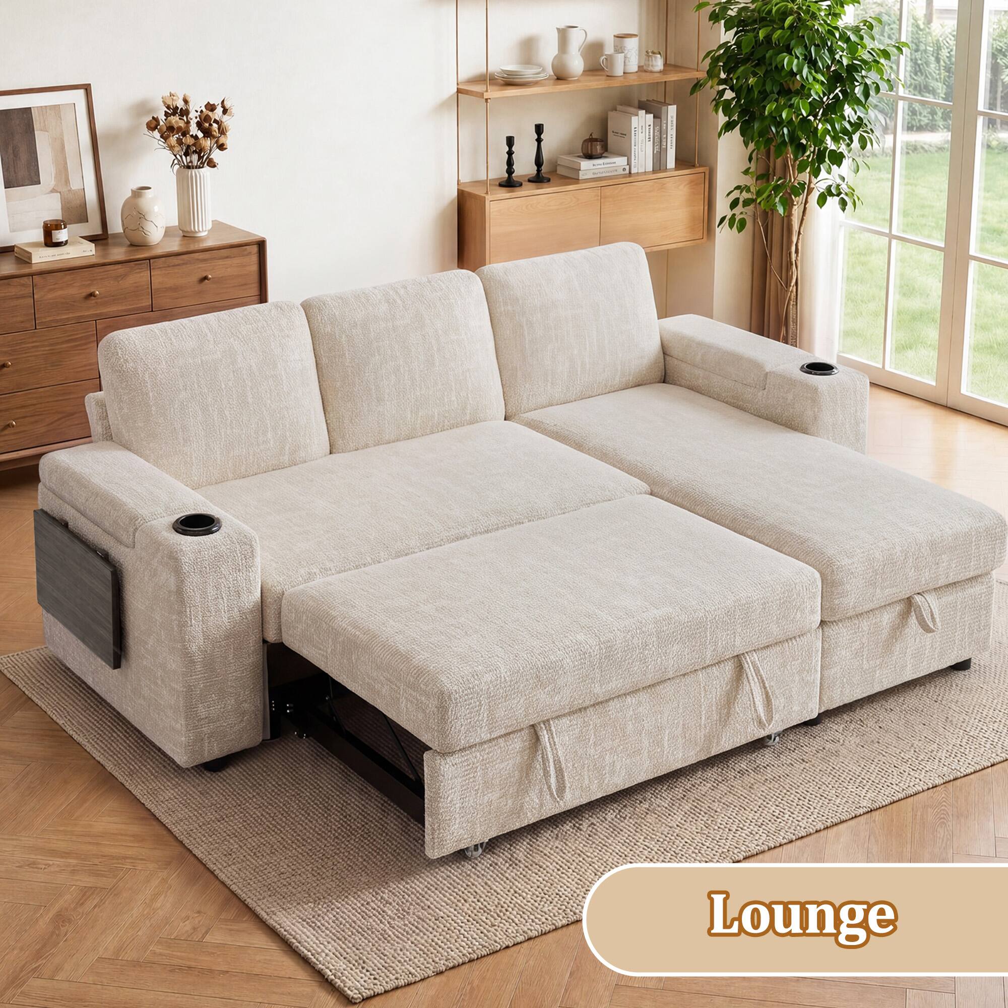 Back. Dyonery - 85" Modular Sectional Sleeper Sofa with Pull Out Bed, Chenille Couch with Storage/USB Ports/Cup Holders/Side Table - Beige.