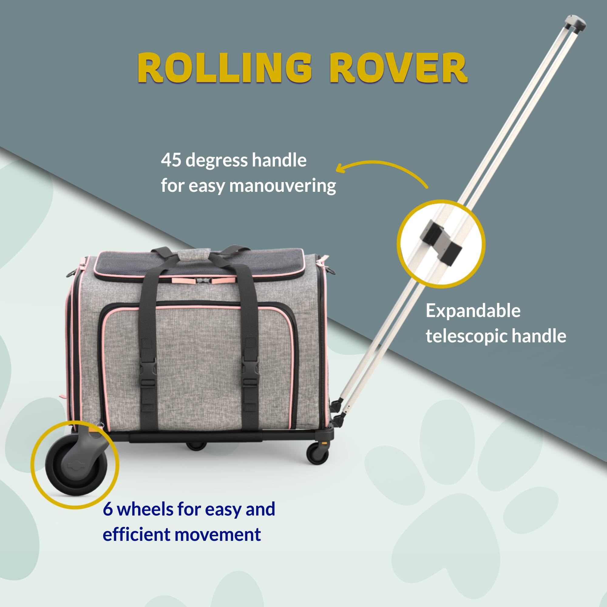 ROLLING ROVER

45 degrees handle for easy maneuvering

Expandable telescopic handle

6 wheels for easy and efficient movement
