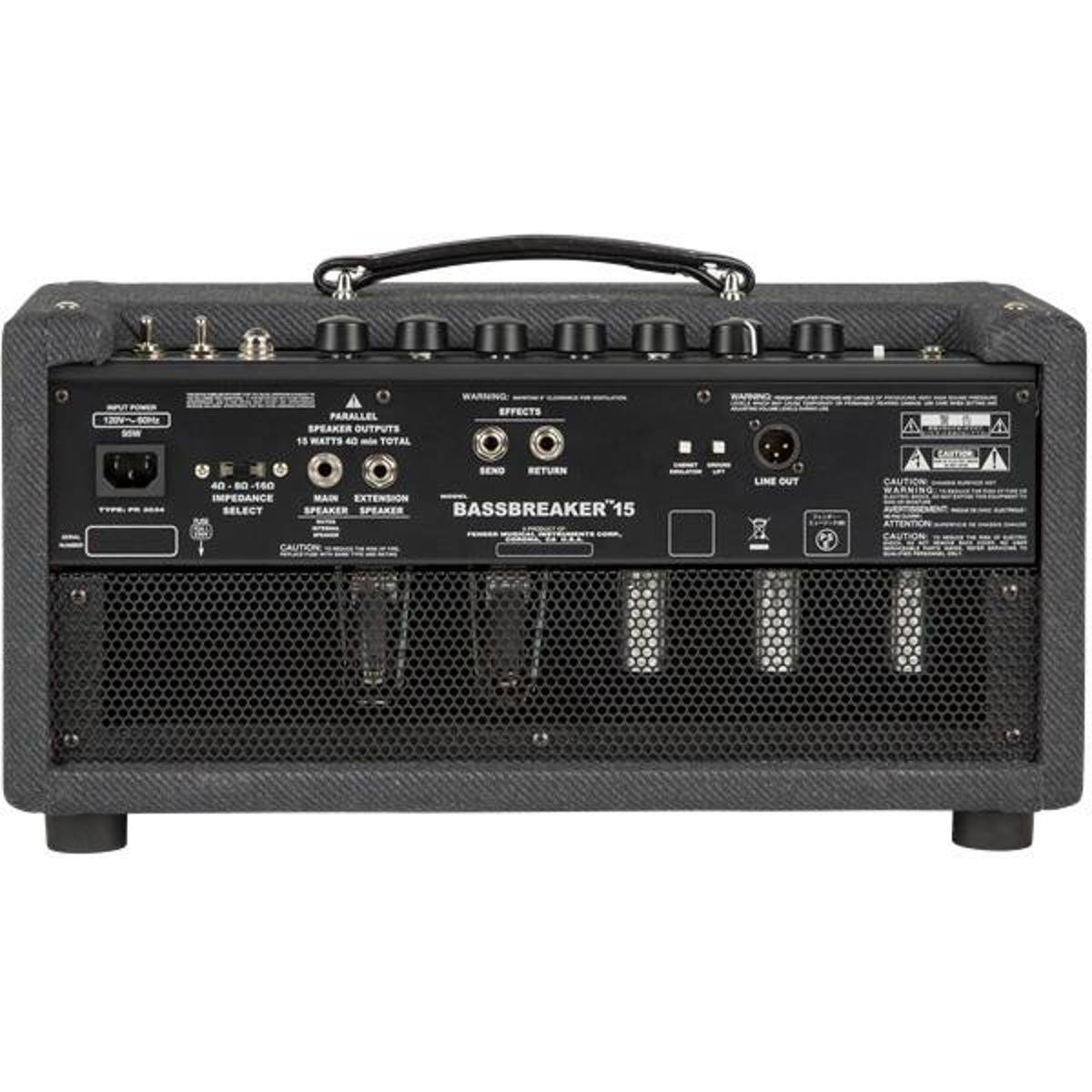 - PARALLEL SPEAKER OUTPUTS: 15 WATTS EACH, 40 WATTS TOTAL
- IMPEDANCE: 40 - 8 - 16 OHMS
- MAIN EXTENSION SPEAKER SELECT
- EFFECTS SEND RETURN
- LINE OUT
- CAUTION: WARNING
- BASSBREAKER '15