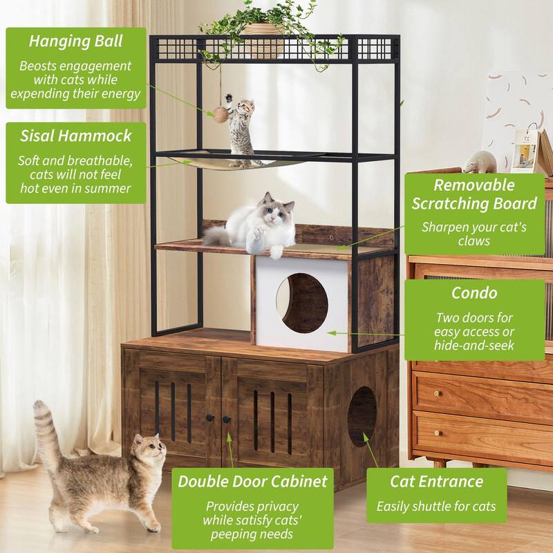 - Hanging Ball: Boosts engagement with cats while expending their energy
- Sisal Hammock: Soft and breathable, cats will not feel hot even in summer
- Removable Scratching Board: Sharpen your cat's claws
- Condo: Two doors for easy access or hide-and-seek
- Double Door Cabinet: Provides privacy while satisfying cats' peeping needs
- Cat Entrance: Easily shuttle for cats