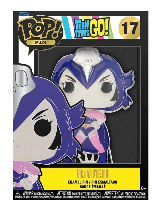 Sure, here is the corrected and grouped text from the image:

---

**Funko POP! PIN**

**TEEN GO! TEENS**

**17**

**RAVEN**

**ENAMEL PIN / PIN ESMALTADO / BADGE ÉMAILLE**

**WARNING: CHOKING HAZARD**  
**ATTENTION: DANGER D'ÉTOUFFEMENT**  
**ADVERTENCIA: PELIGRO DE ASFIXIA**

**Small parts. Not for children under 36 months.**  
**Pièces petites. Ne convient pas aux enfants de moins de 36 mois.**  
**Partes pequeñas. No es adecuado para niños menores de 36 meses.**

**6+**

---