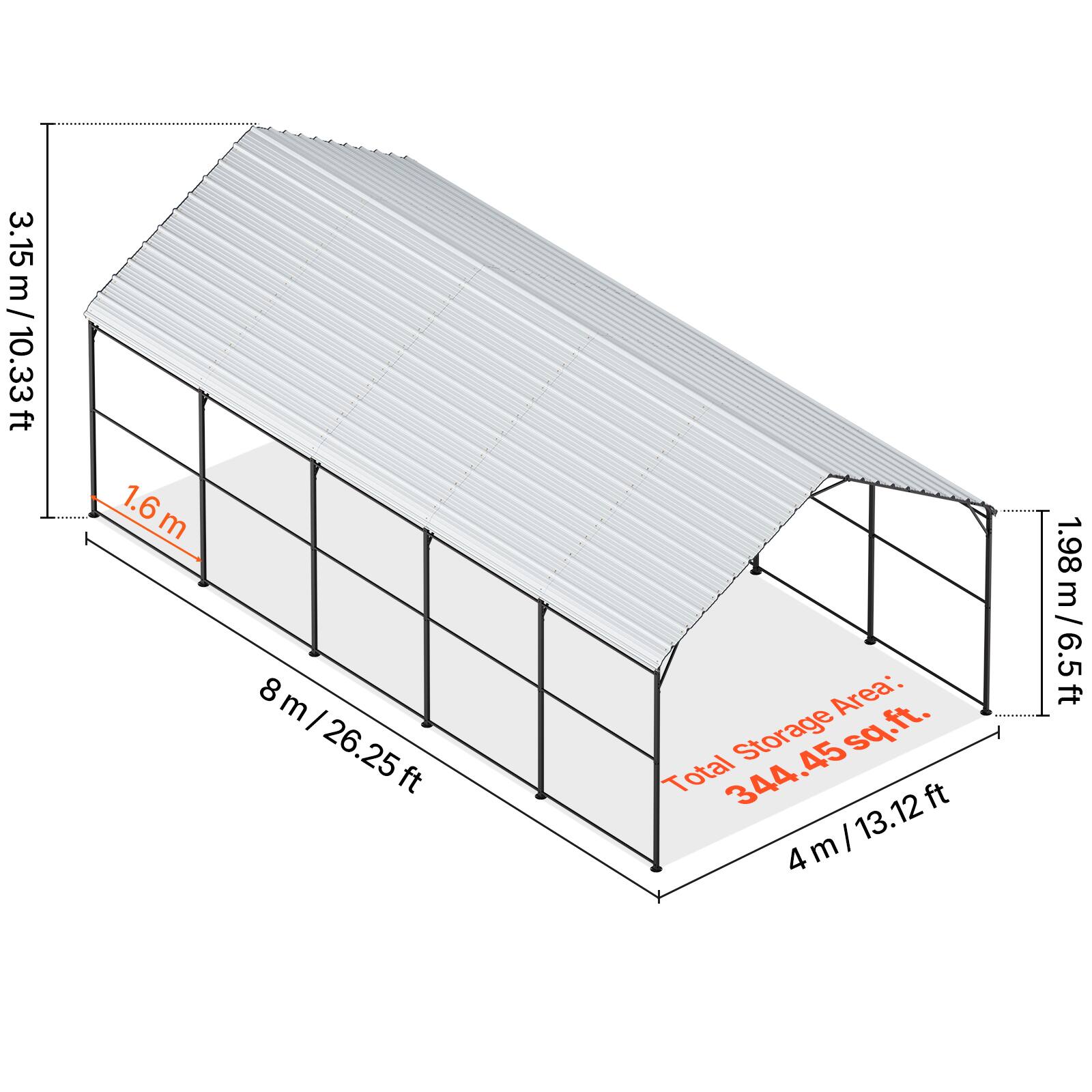 3.15 m / 10.33 ft  
1.6 m  
8 m / 26.25 ft  
1.98 m / 6.5 ft  
4 m / 13.12 ft  
Total Storage Area: 344.45 sq. ft.