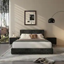 Acanva - Full-Foam Queen Bed Frame with Headboard, Low Profile Cloud Bed Frame, Noise-Free Chenille Upholstered Bedframe - Black