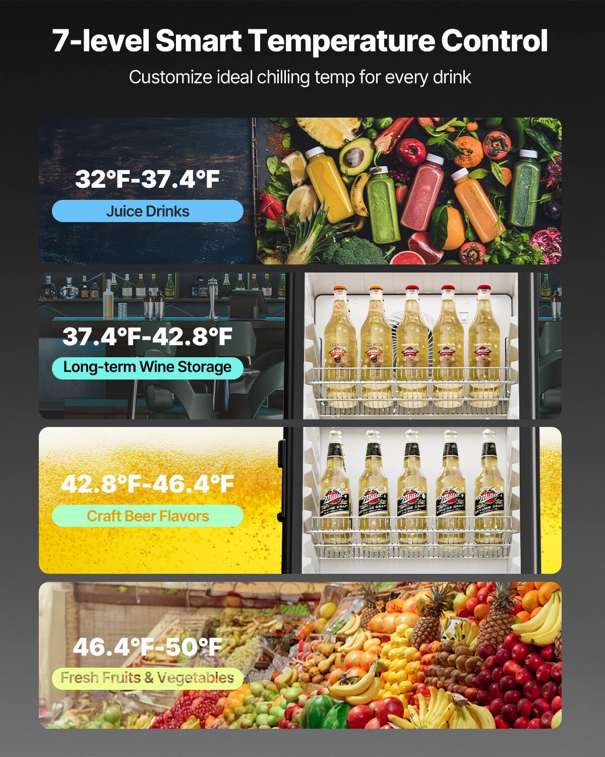 7-level Smart Temperature Control
Customize ideal chilling temp for every drink
32F-37.4F Juice Drinks
37.4F-42.8F Long-term Wine Storage
42.8F-46.4F Craft Beer Flavors
46.4F-50F Fresh Fruits & Vegetables