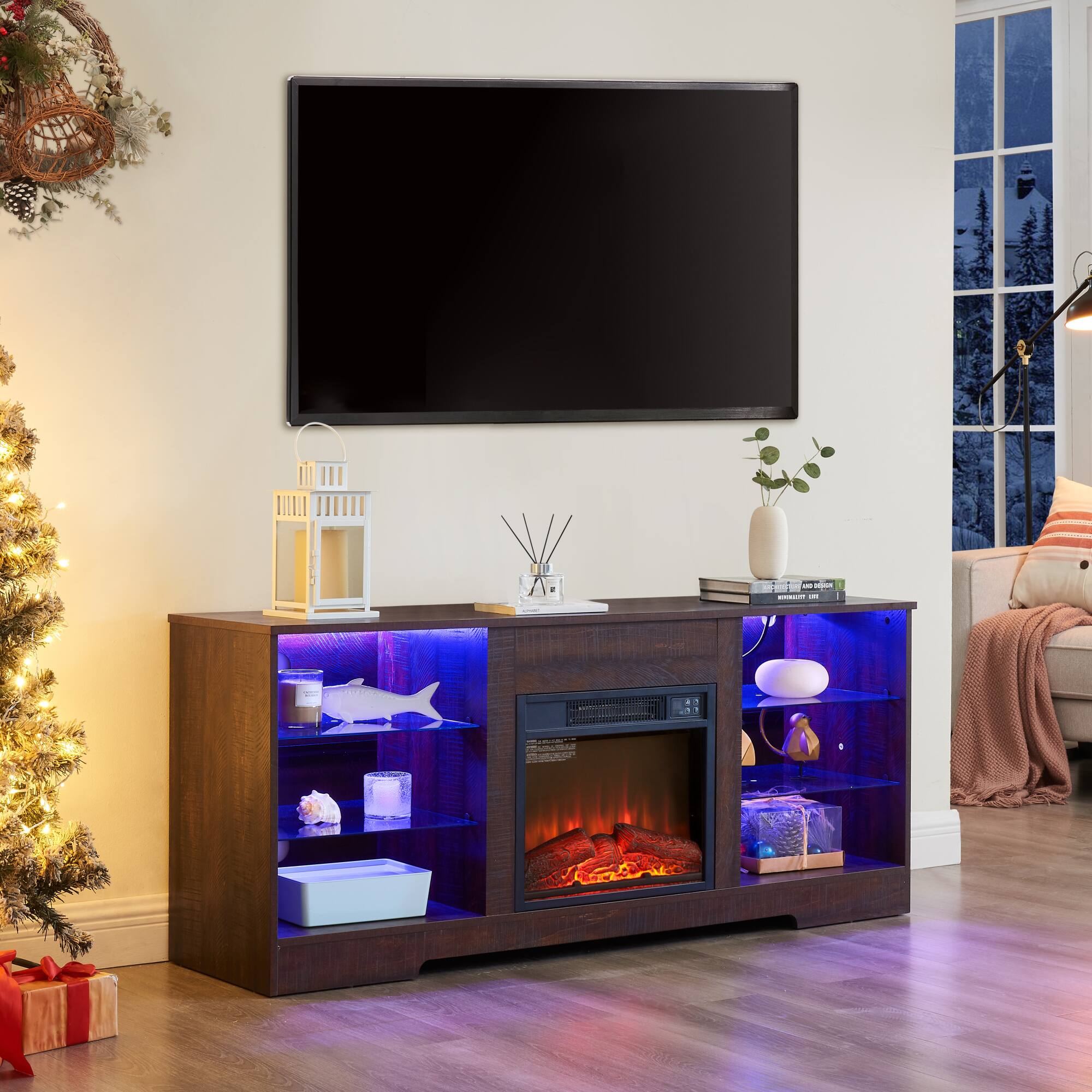 Alt View 1. GOODSILO - Electric Fireplace TV Stand with Adjustable Glass Shelves and LED Lighting for Televisions Up to 62 Inches - Espresso.