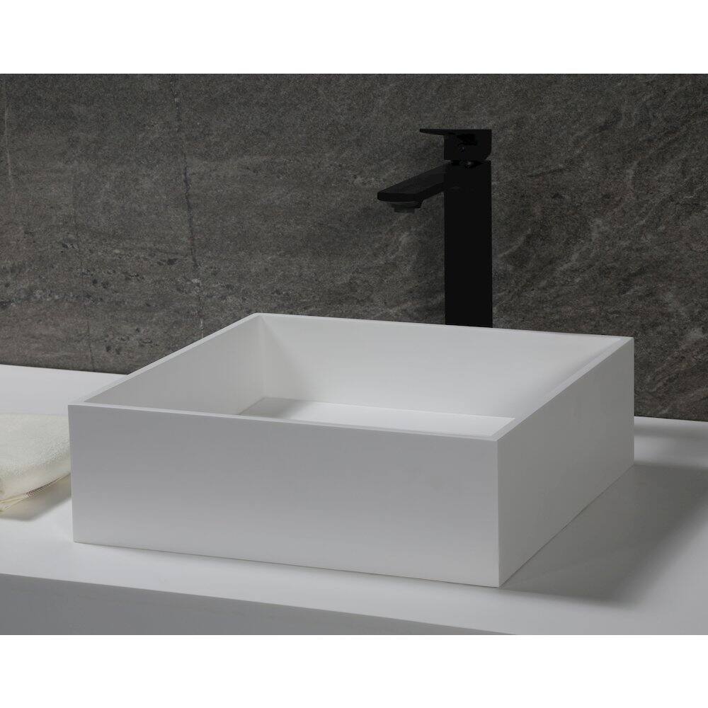 Angle. Alfi - 14" Square White Matte Solid Surface Resin Sink - White.
