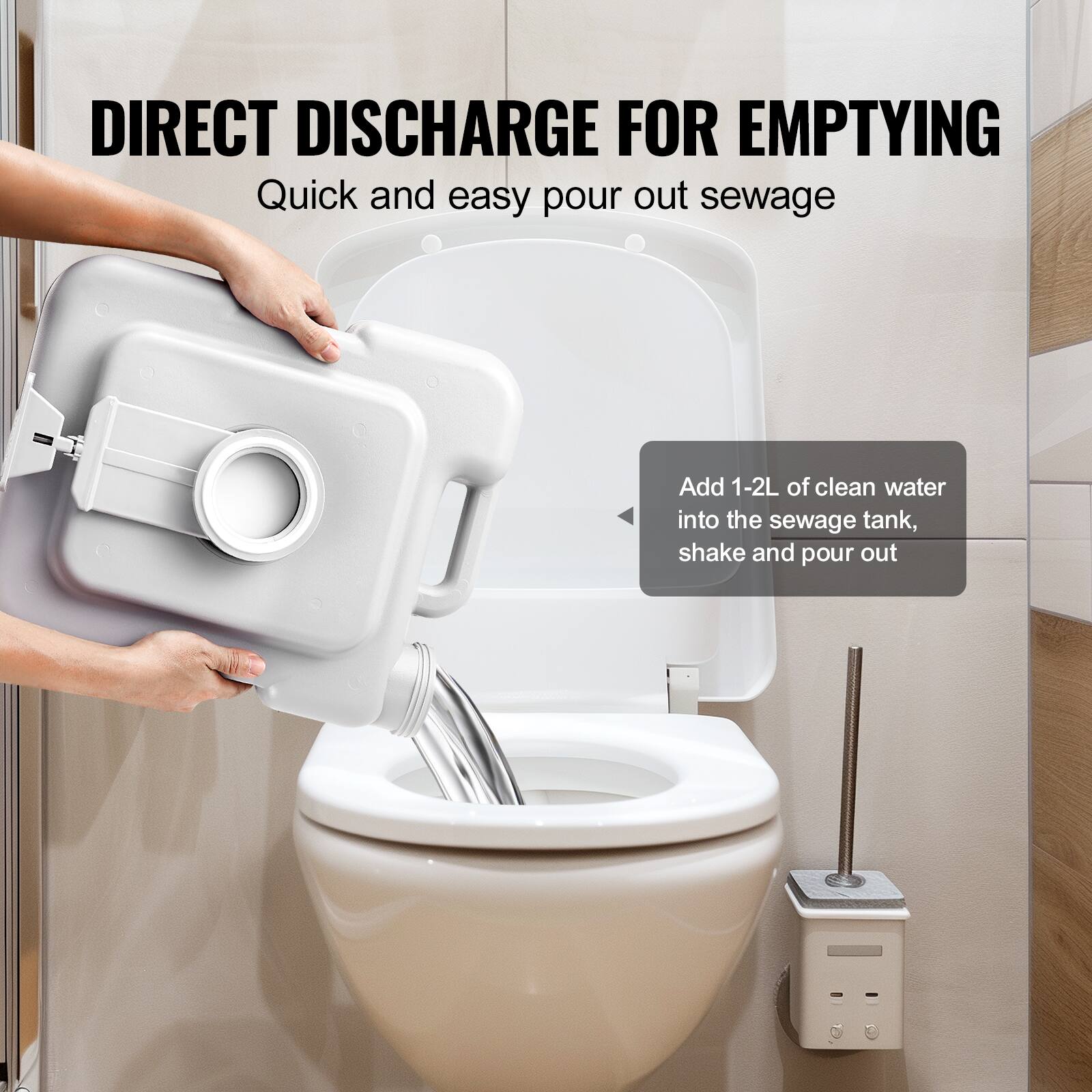 DIRECT DISCHARGE FOR EMPTYING
Quick and easy pour out sewage
Add 1-2L of clean water into the sewage tank, shake and pour out.