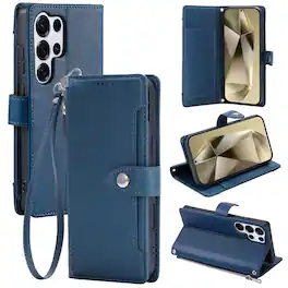 Dteck - Wallet Case for Samsung Galaxy S24 Ultra Crossbody Premium Leather Kickstand Zipper Card Slot Cover With Strap+Lanyard - Darkblue