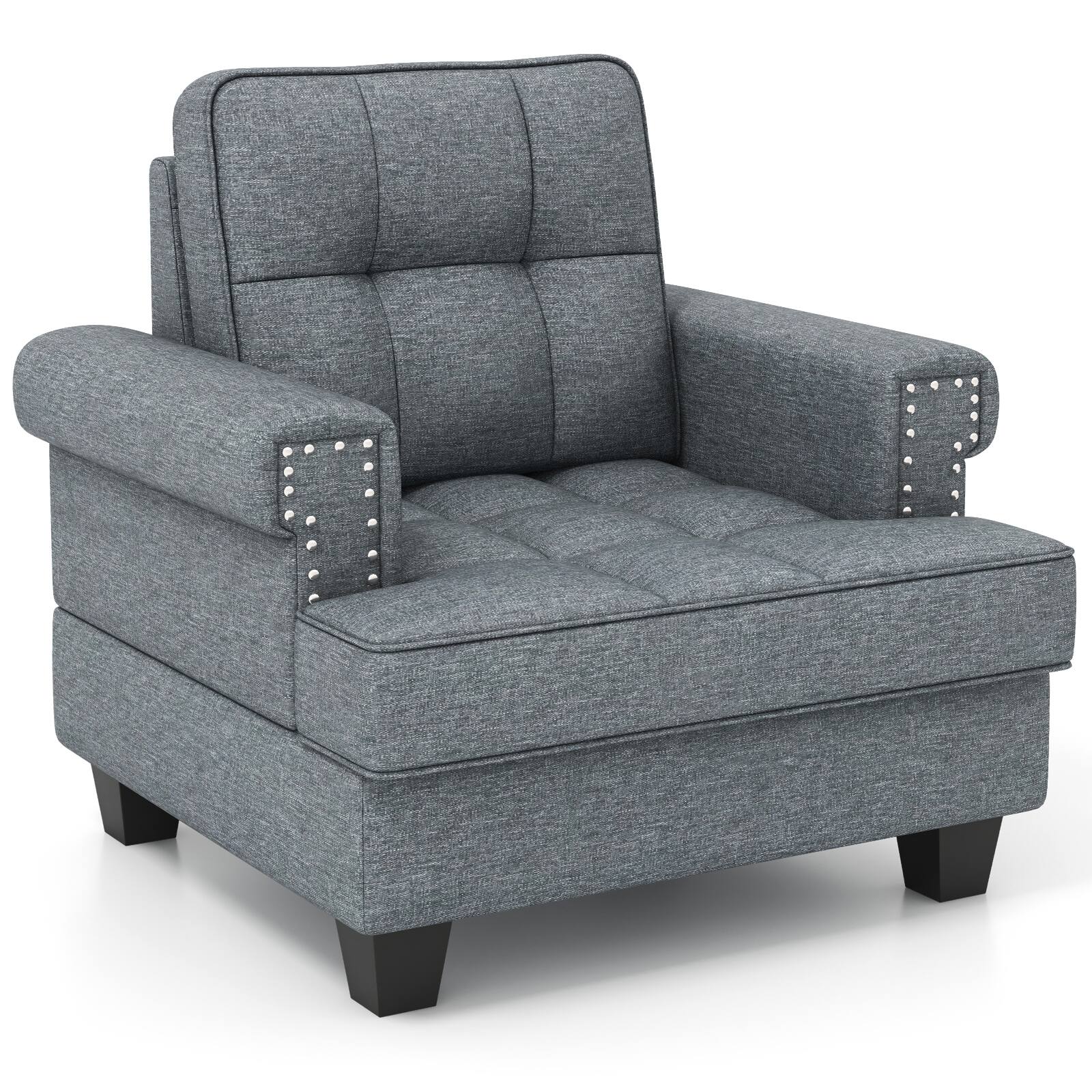 Front. Costway - Mid-Century Modern Accent Cushion Studded Armchair with Thick Pillow - Grey.