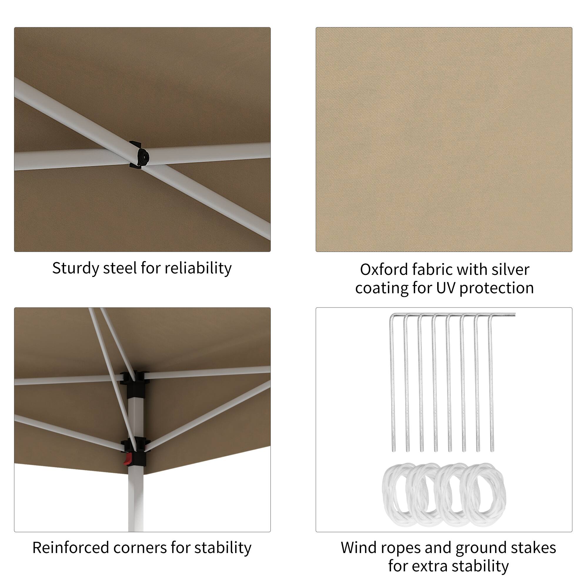 Sturdy steel for reliability, Oxford fabric with silver coating for UV protection, reinforced corners for stability, wind ropes and ground stakes for extra stability