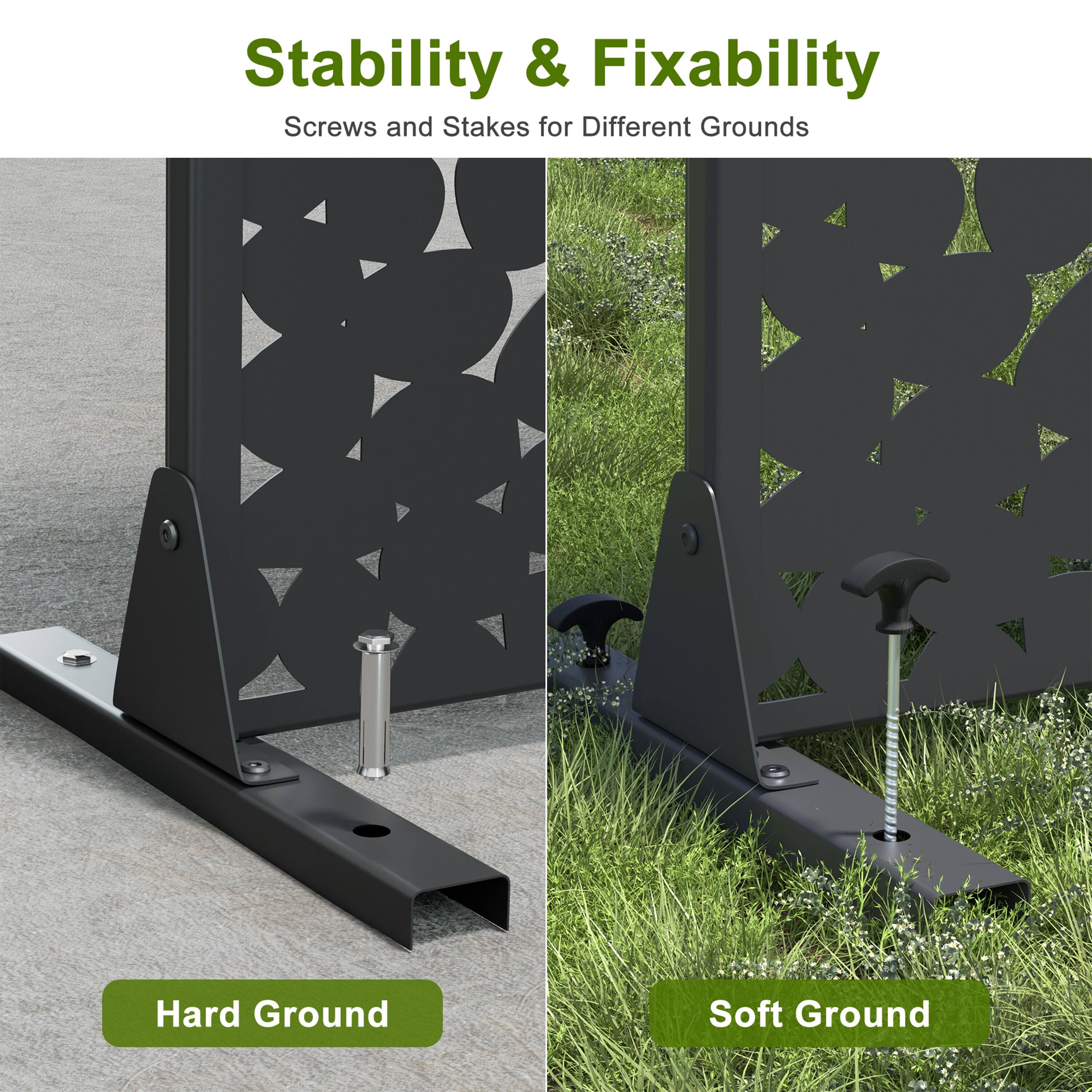 Stability & Fixability  
Screws and Stakes for Different Grounds  

Hard Ground  
Soft Ground