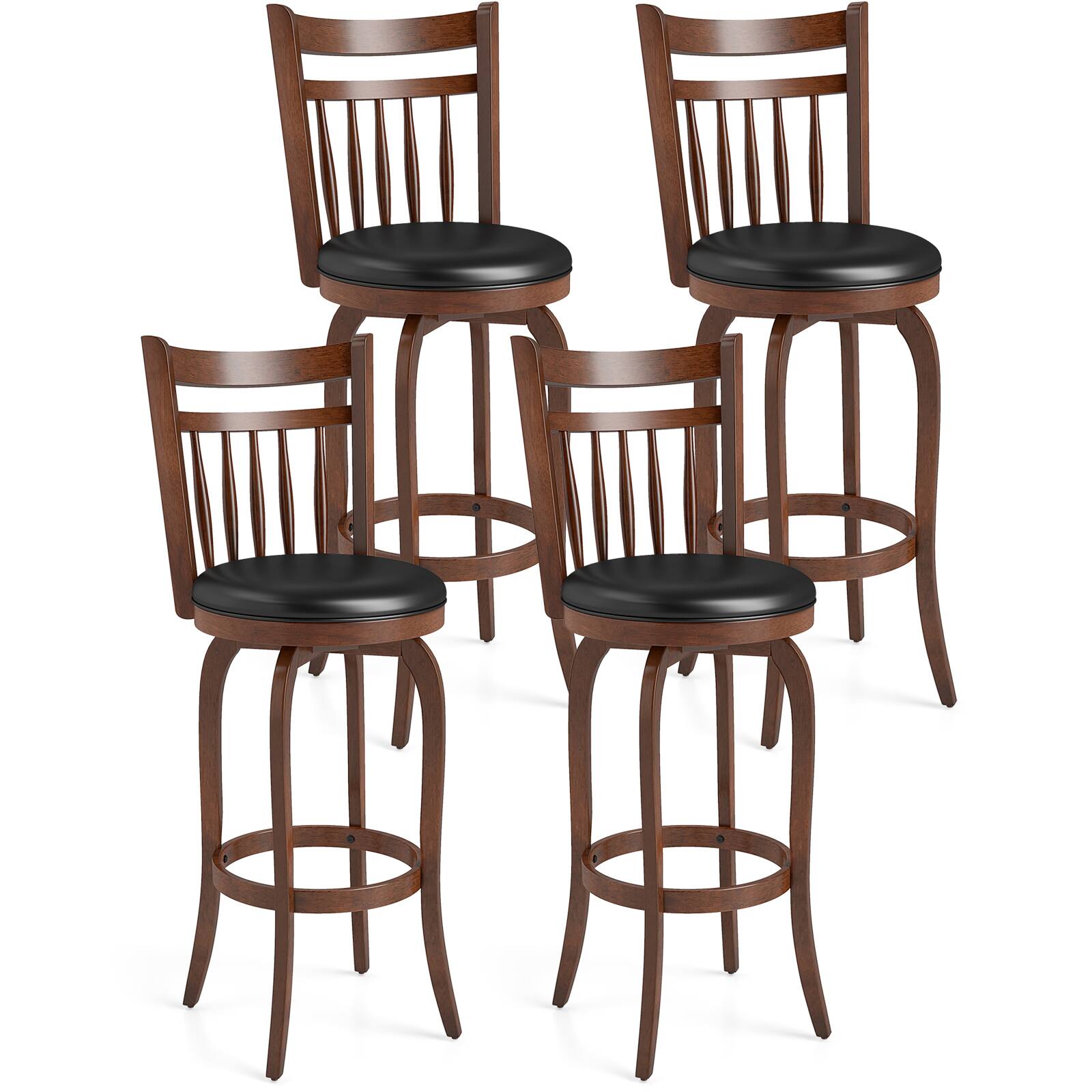Costway - 30" Swivel Bar Stools Set of 4 with Backs, Solid Wood Legs & Footrest for Home Bar - Expresso