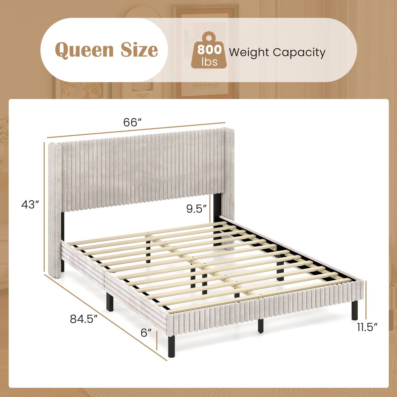 Queen Size  
800 lbs Weight Capacity  

66"  
43"  
9.5"  
84.5"  
6"  
11.5"
