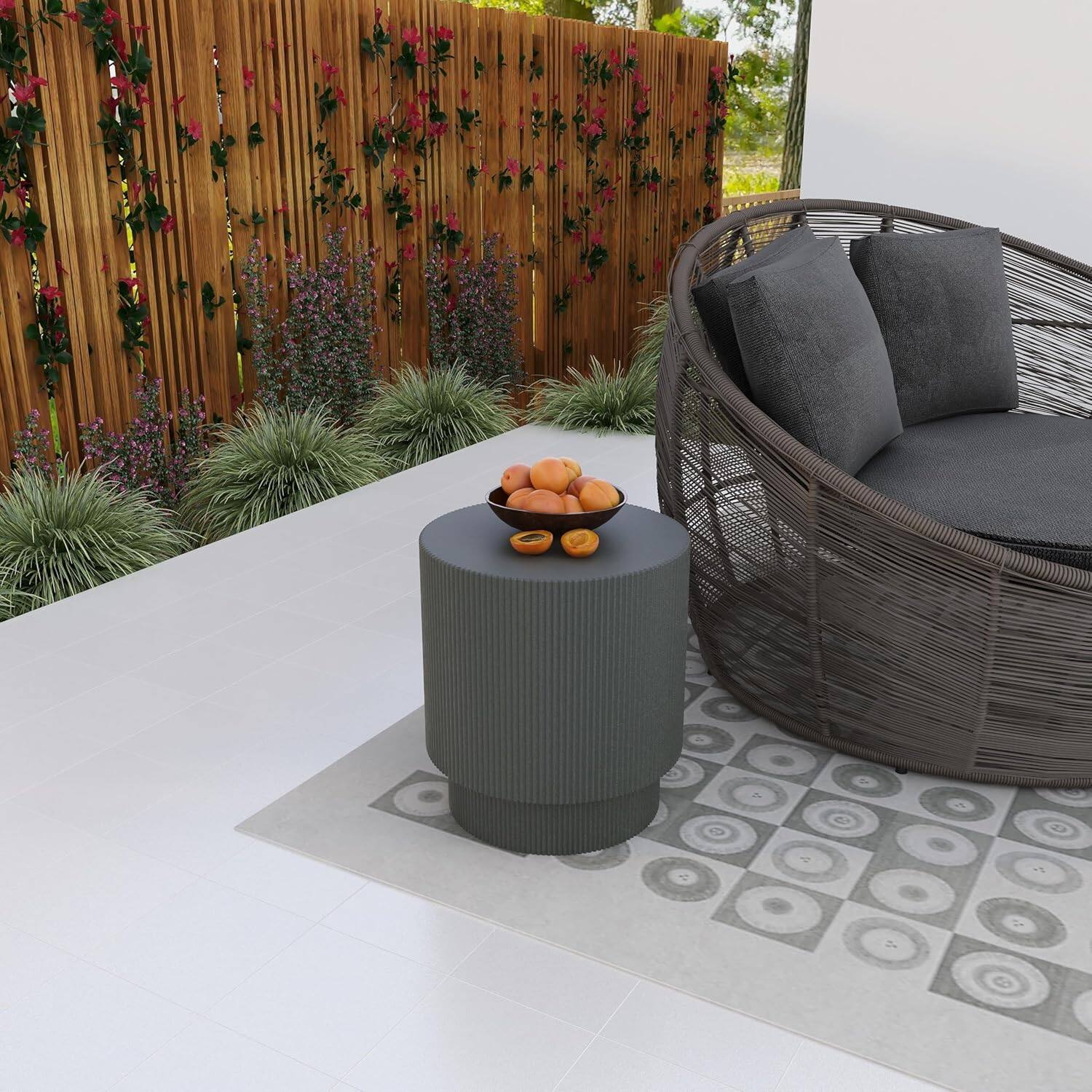 Left. LeisureMod - Eden Modern Stone Top Round Side Table, Indoor/Outdoor Weather Resistant Accent Table, Fully Assembled - Grey.