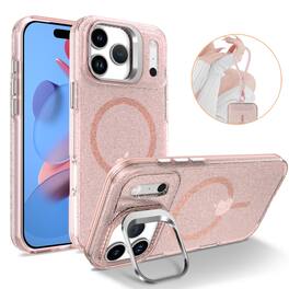 Dteck - Glitter Magnetic Case for Apple iPhone 18 Pro with Camera Stand, Sparkle Translucent Shockproof Cover with Wrist Strap - Pink