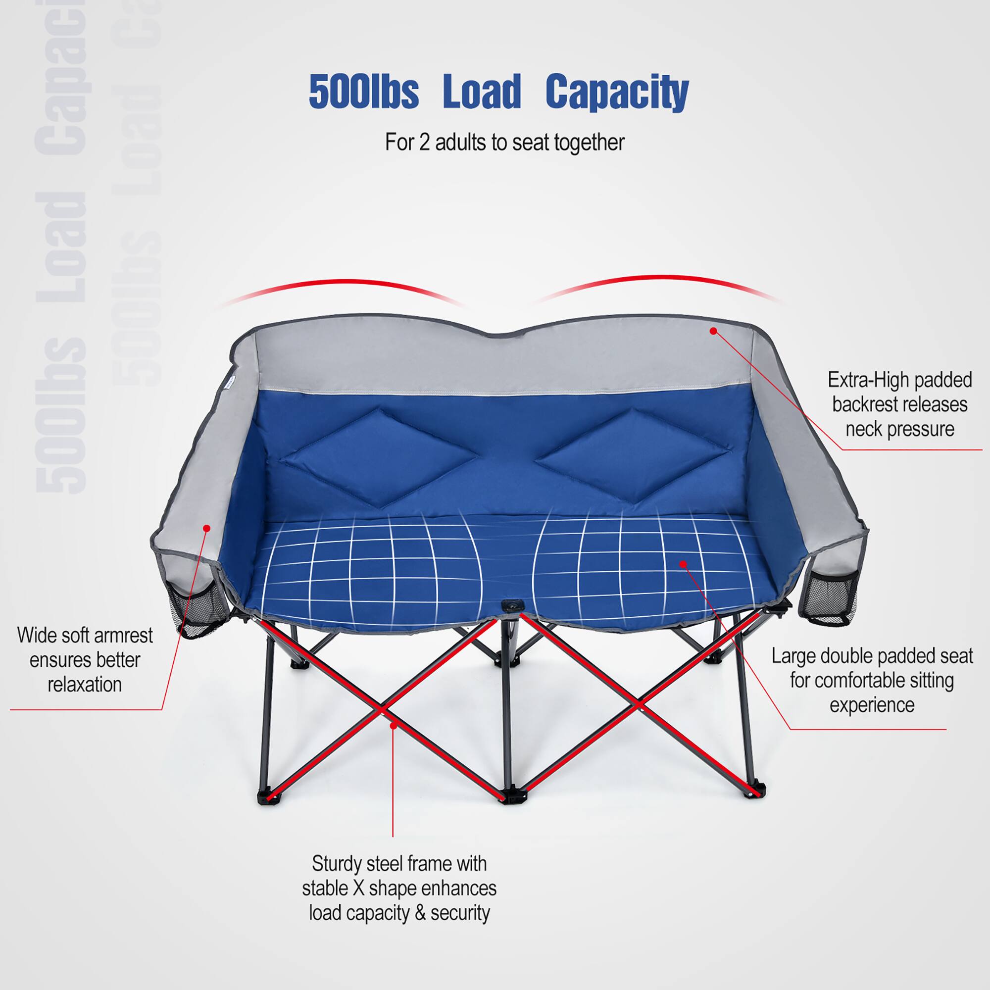 The text on the image reads: "500 lbs load capacity for 2 adults to seat together. Extra-High padded backrest releases neck pressure. Wide soft armrest ensures better relaxation. Large double padded seat for comfortable sitting experience. Sturdy steel frame with stable X shape enhances load capacity & security."