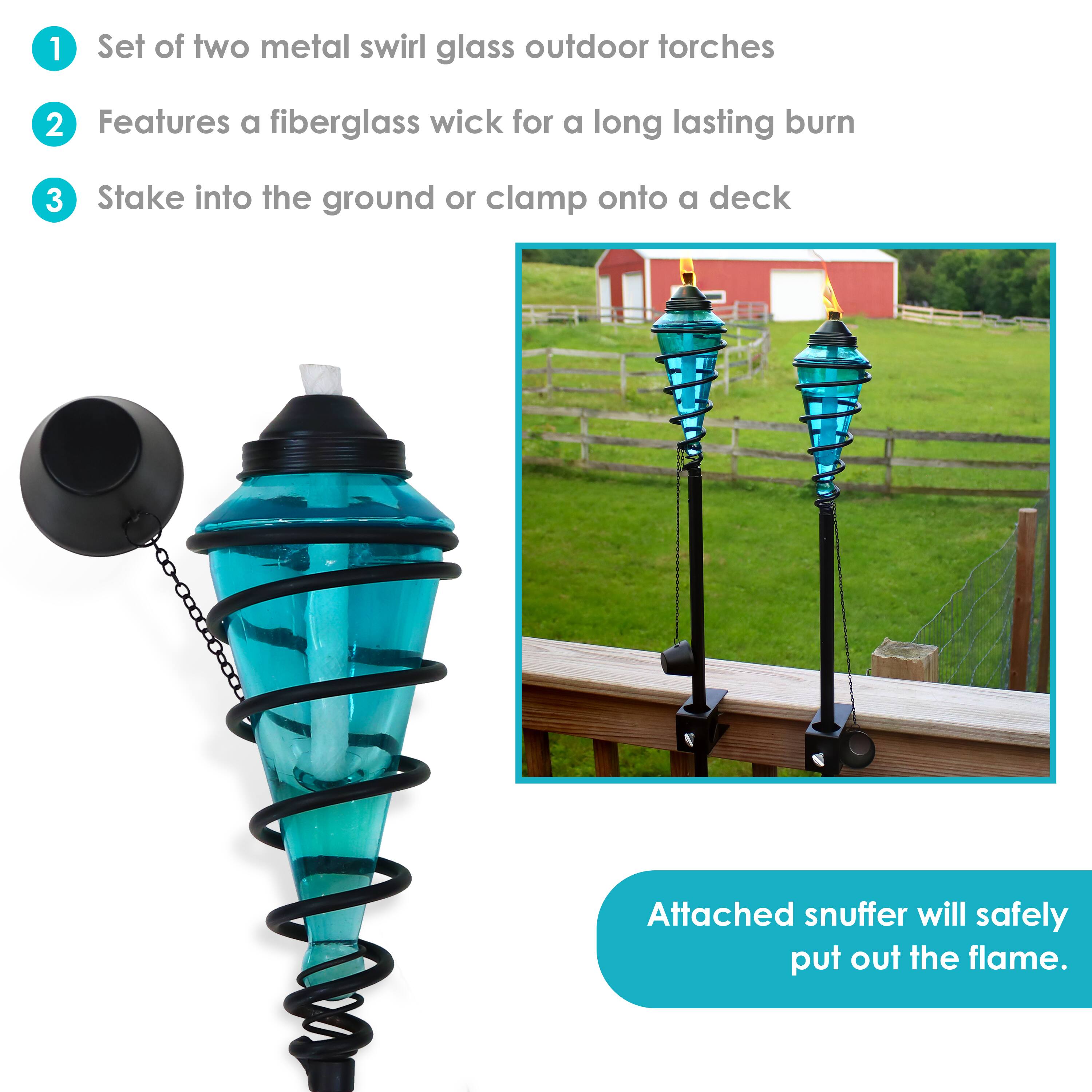 1. Set of two metal swirl glass outdoor torches
2. Features a fiberglass wick for a long-lasting burn
3. Stake into the ground or clamp onto a deck

Attached snuffer will safely put out the flame.