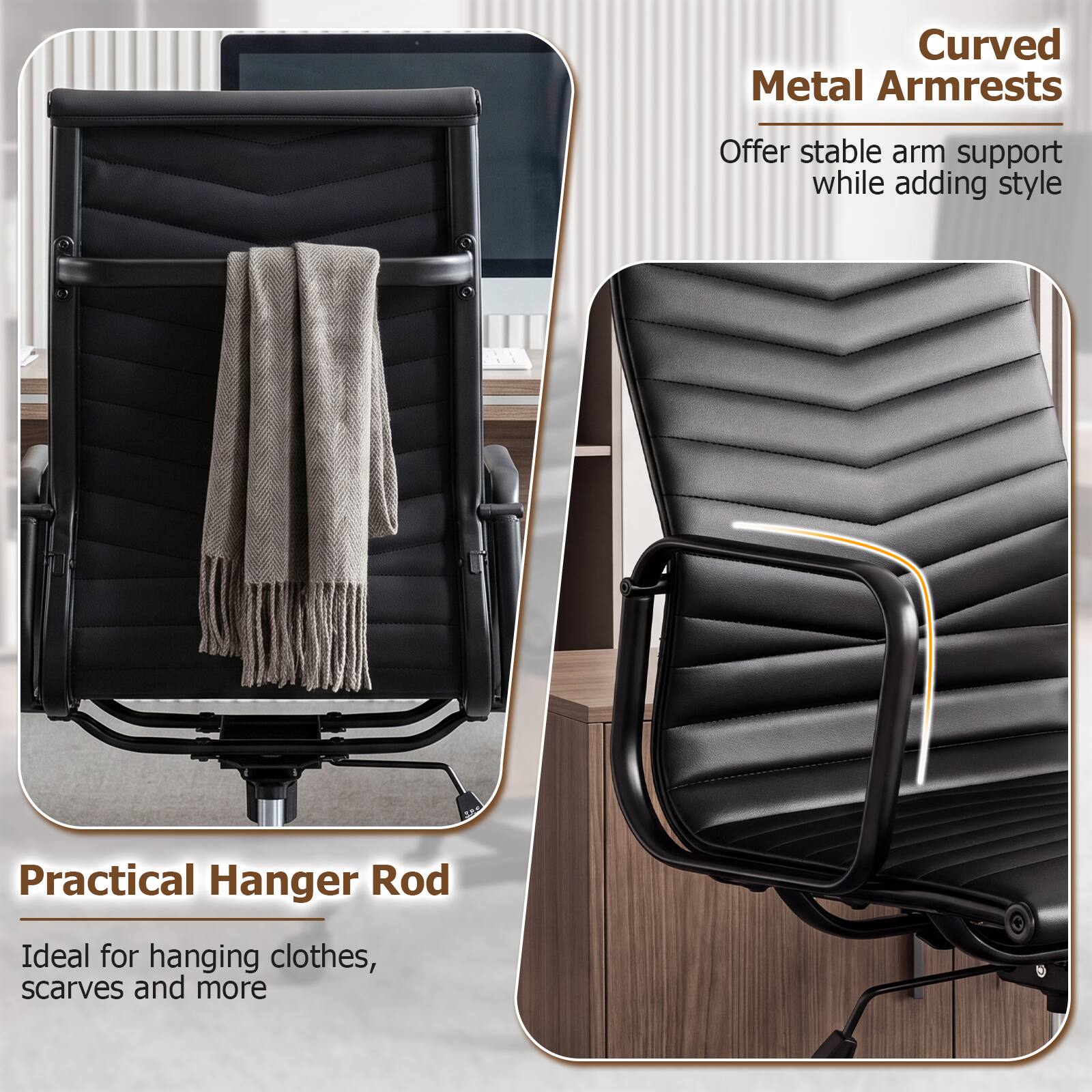 Curved Metal Armrests  
Offer stable arm support while adding style  

Practical Hanger Rod  
Ideal for hanging clothes, scarves and more