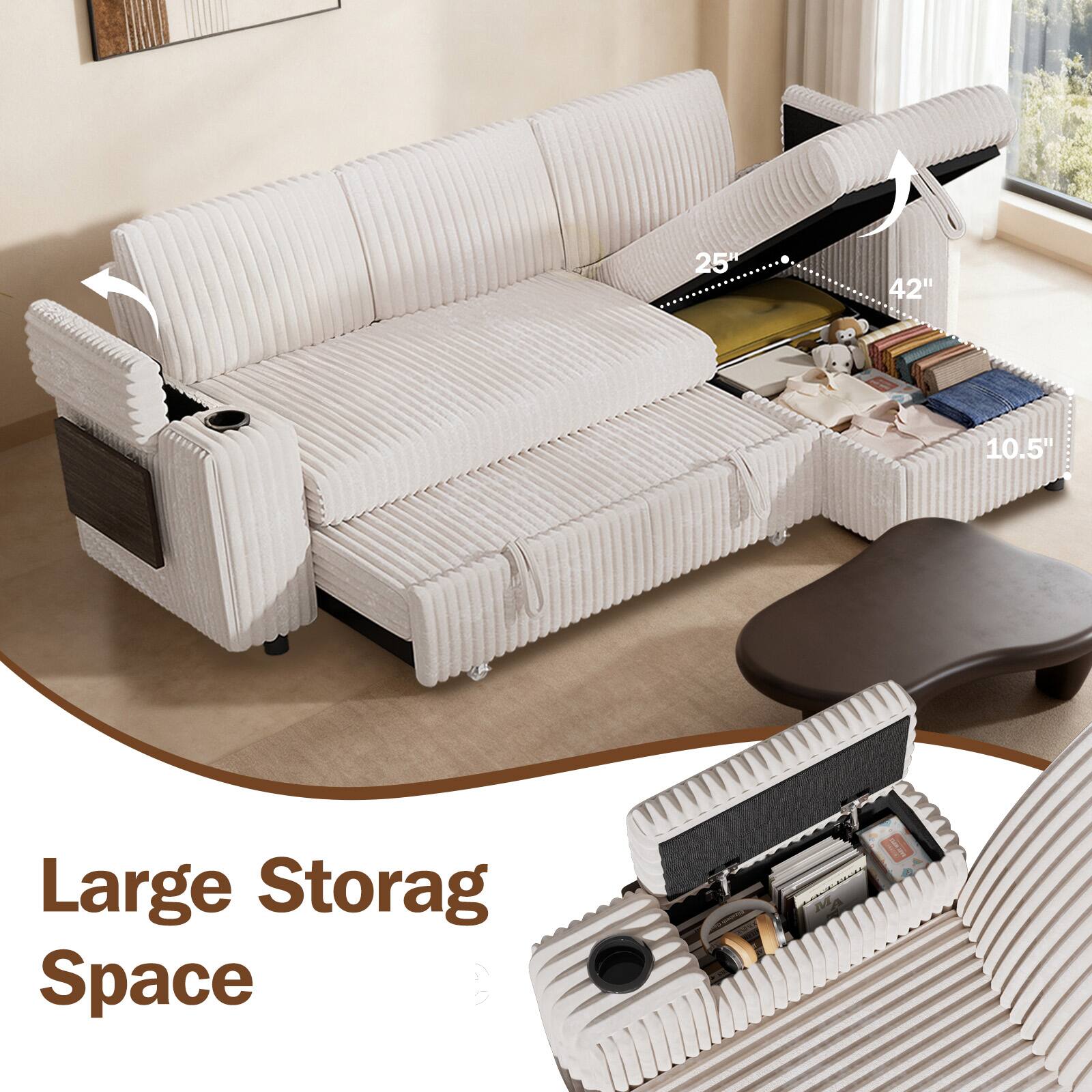 Back. Vipbear - Vipbear 85" Modular Sectional Sleeper Sofa with Pull Out Bed, 3 Seat L Shaped with Reclining Backrest,Corduroy Beige - Beige.