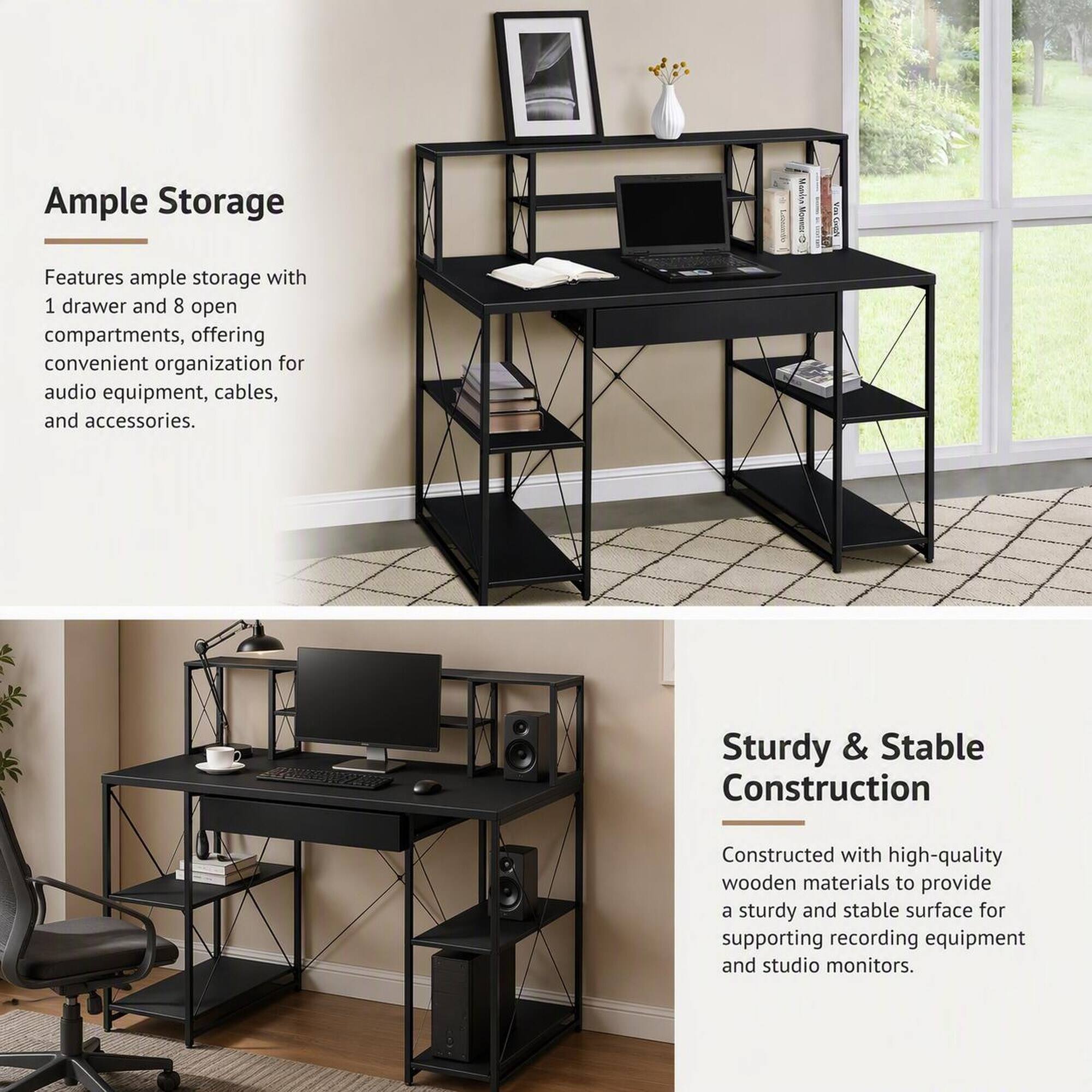 Ample Storage
Features ample storage with 1 drawer and 8 open compartments, offering convenient organization for audio equipment, cables, and accessories.

Sturdy & Stable Construction
Constructed with high-quality wooden materials to provide a sturdy and stable surface for supporting recording equipment and studio monitors.