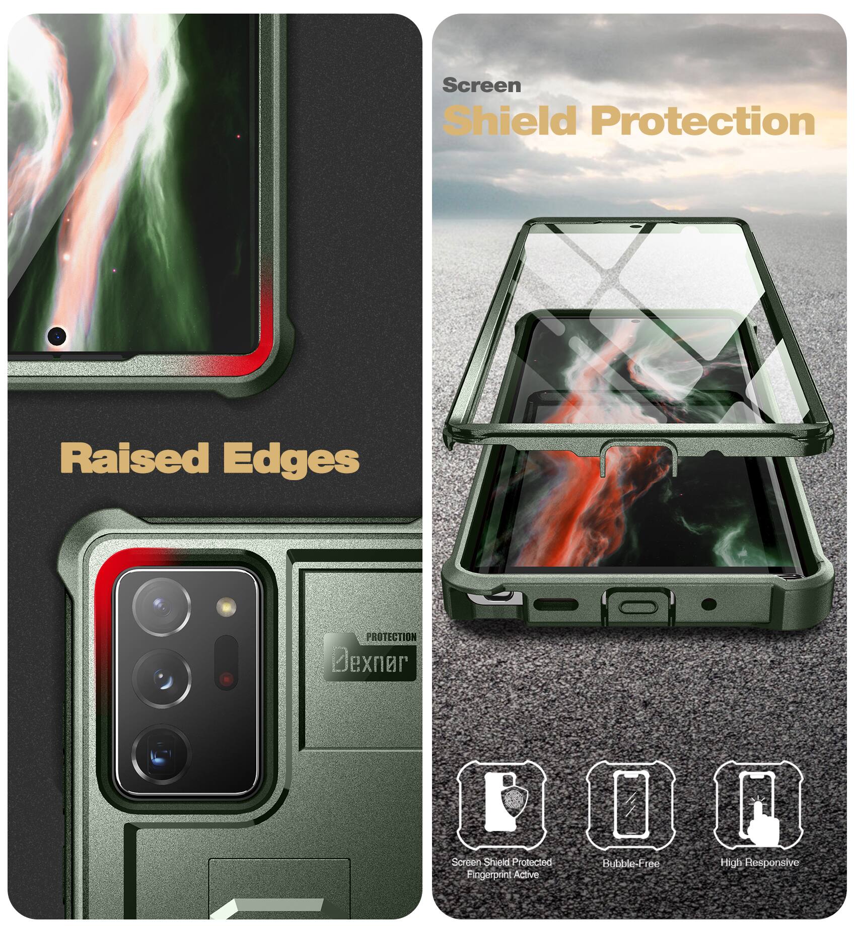 Screen Shield Protection, Raised Edges, Screen Shield Protected, Fingerprint Active, Bubble-Free, High Responsive