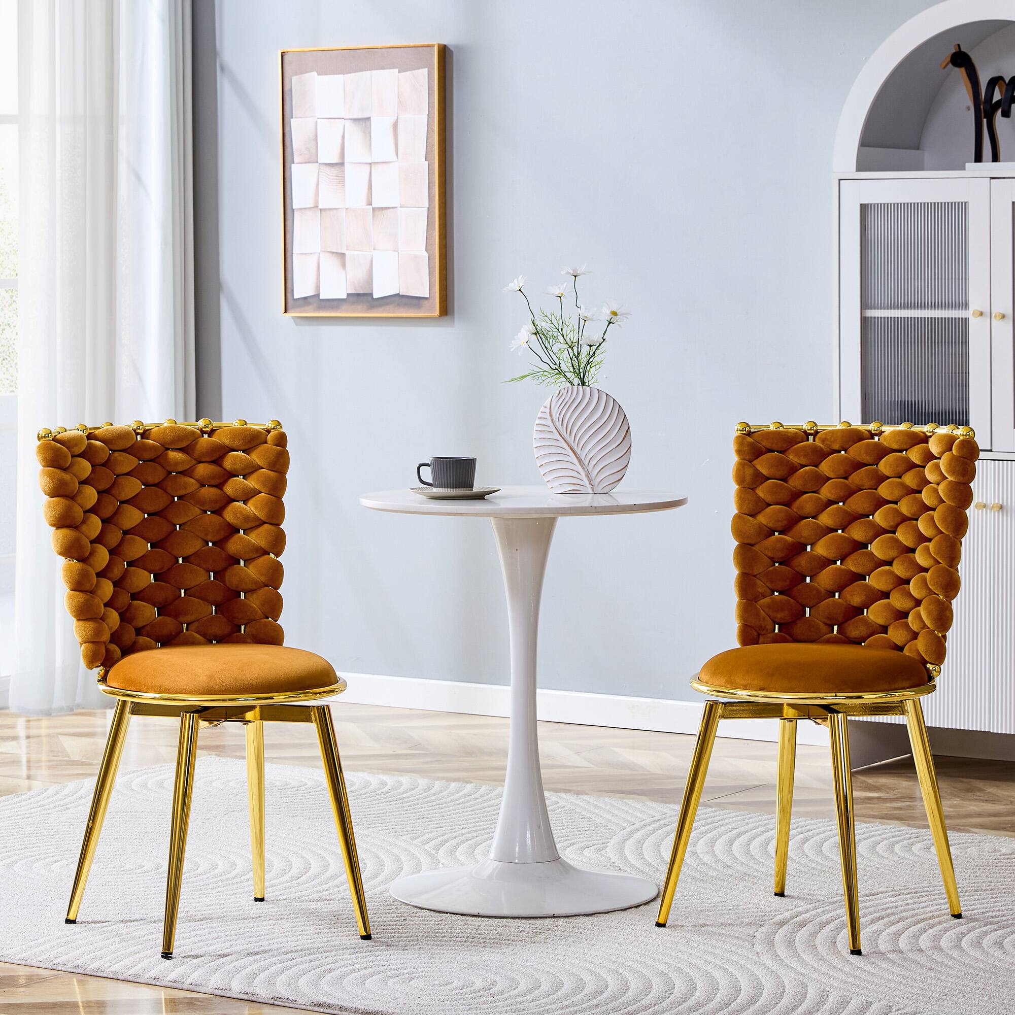 Angle. Loheer - Loheer Velvet Dining Chairs Set of 2 Orange Woven Back Cushioned Accent Chairs with Gold Metal Legs 1.75 ft - Gold,Orange.