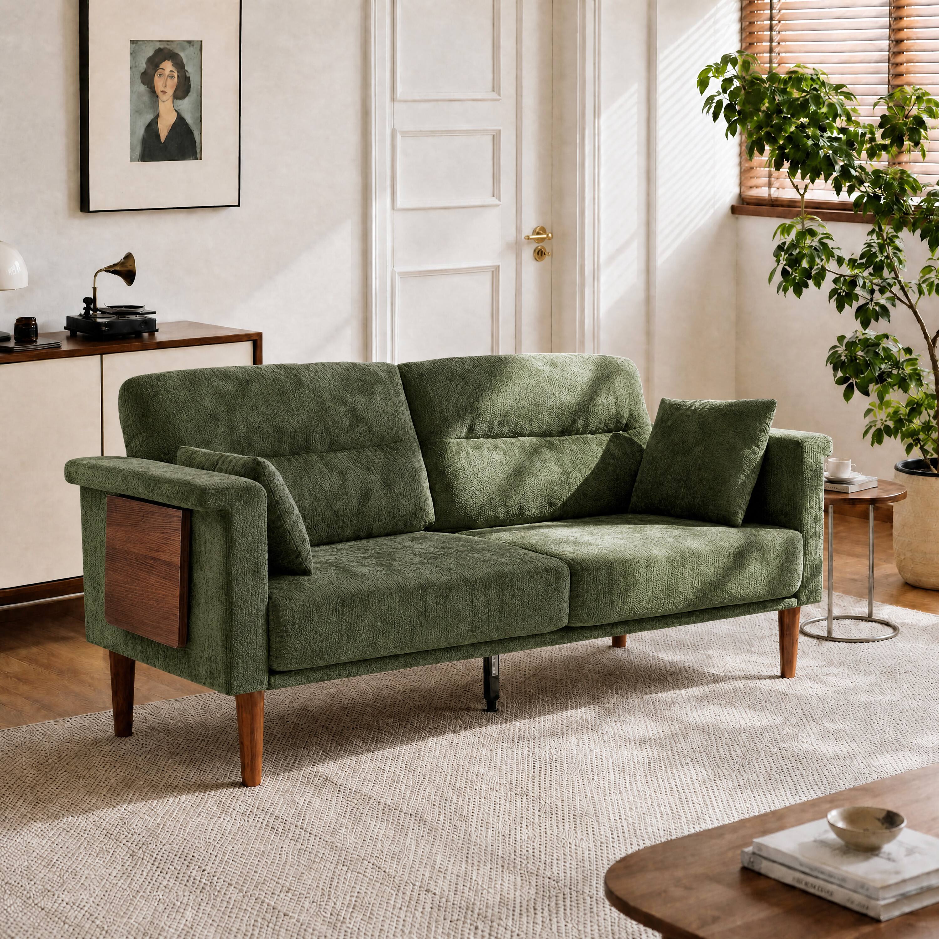 Angle. Vipbear - 69" Loveseat Sofa with Foldable Side Table, Modern Small Couches for Bedroom, Small Spaces, Dorms, Office, Apartment - Green.