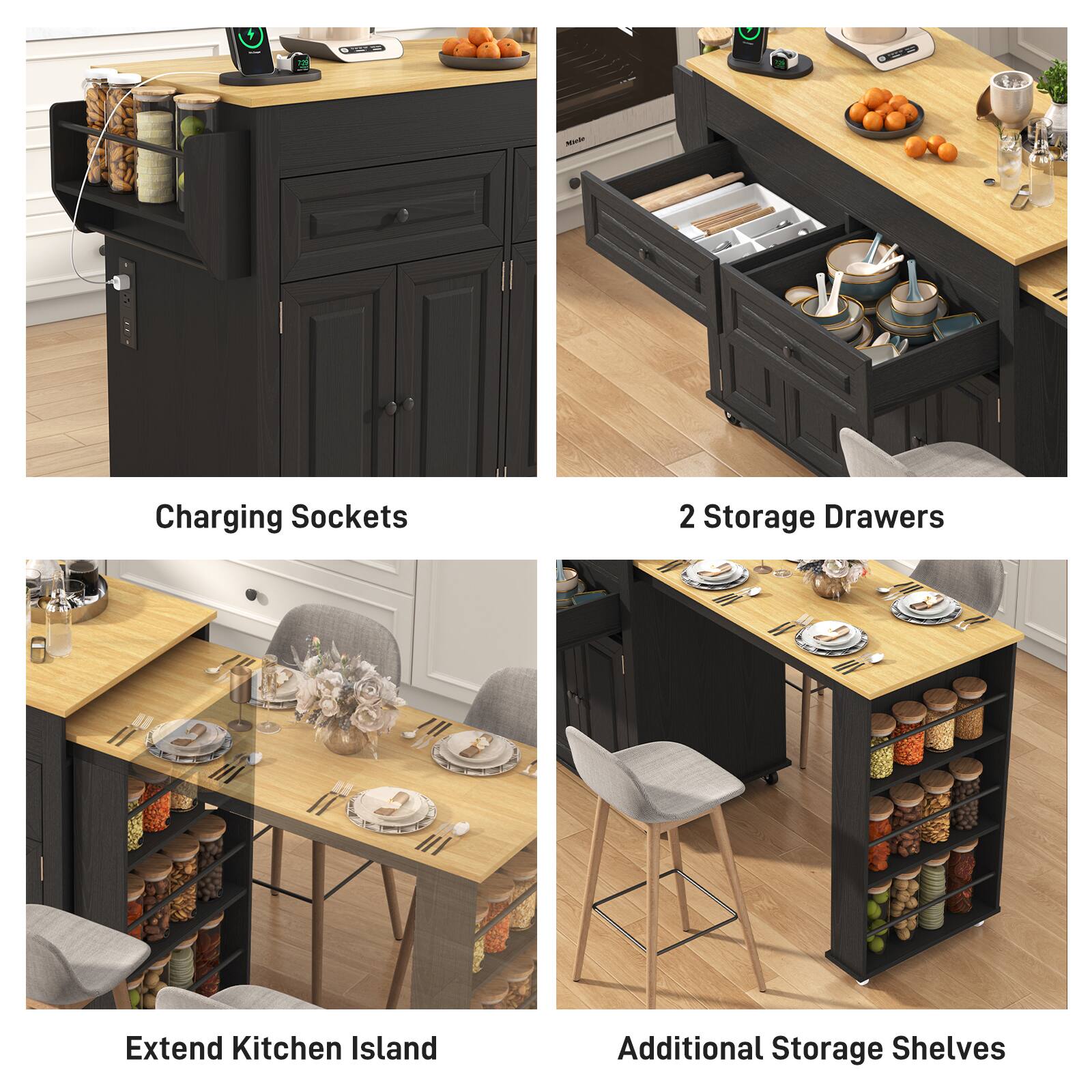 - Charging Sockets
- 2 Storage Drawers
- Extend Kitchen Island
- Additional Storage Shelves