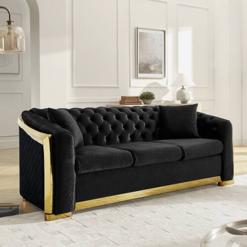 Anysun - 84" 3-Seat Velvet Chesterfield Sofa - Button Tufted, Gold Stainless Steel Trim, Mid-Century Modern with 2 Pillows - Black