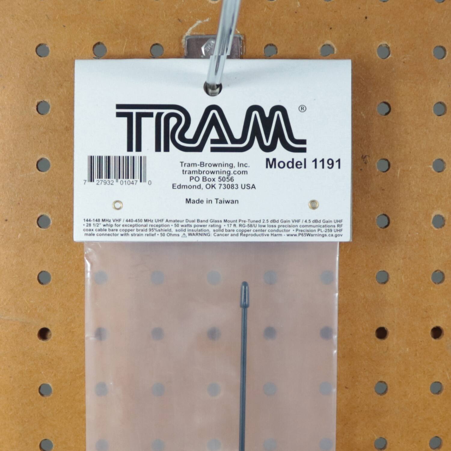 TRAM  
Tram-Browning, Inc.  
Model 1191  
tram-browning.com  
PO Box 5056  
Edmond, OK 73083 USA  
Made in Taiwan  

144-148 MHz VHF / 440-450 MHz UHF Amateur Dual Band Glass Mount Pre-Tuned 2.5 dBi Gain VHF / 4.5 dBi Gain UHF  
coax cable bare copper braid 95% shield, solid insulation, solid bare copper center conductor - Precision PL-259 UHF male connector with strain relief - 50 Ohms  
WARNING: Cancer and Reproductive Harm - www.P65Warnings.ca.gov  

144-148 MHz VHF / 440-450 MHz UHF Amateur Dual Band Glass Mount Pre-Tuned 2.5 dBi Gain VHF / 4.5 dBi Gain UHF  
coax cable bare copper braid 95% shield, solid insulation, solid bare copper center conductor - Precision PL-259 UHF male connector with strain relief - 50 Ohms  
WARNING: Cancer and Reproductive Harm