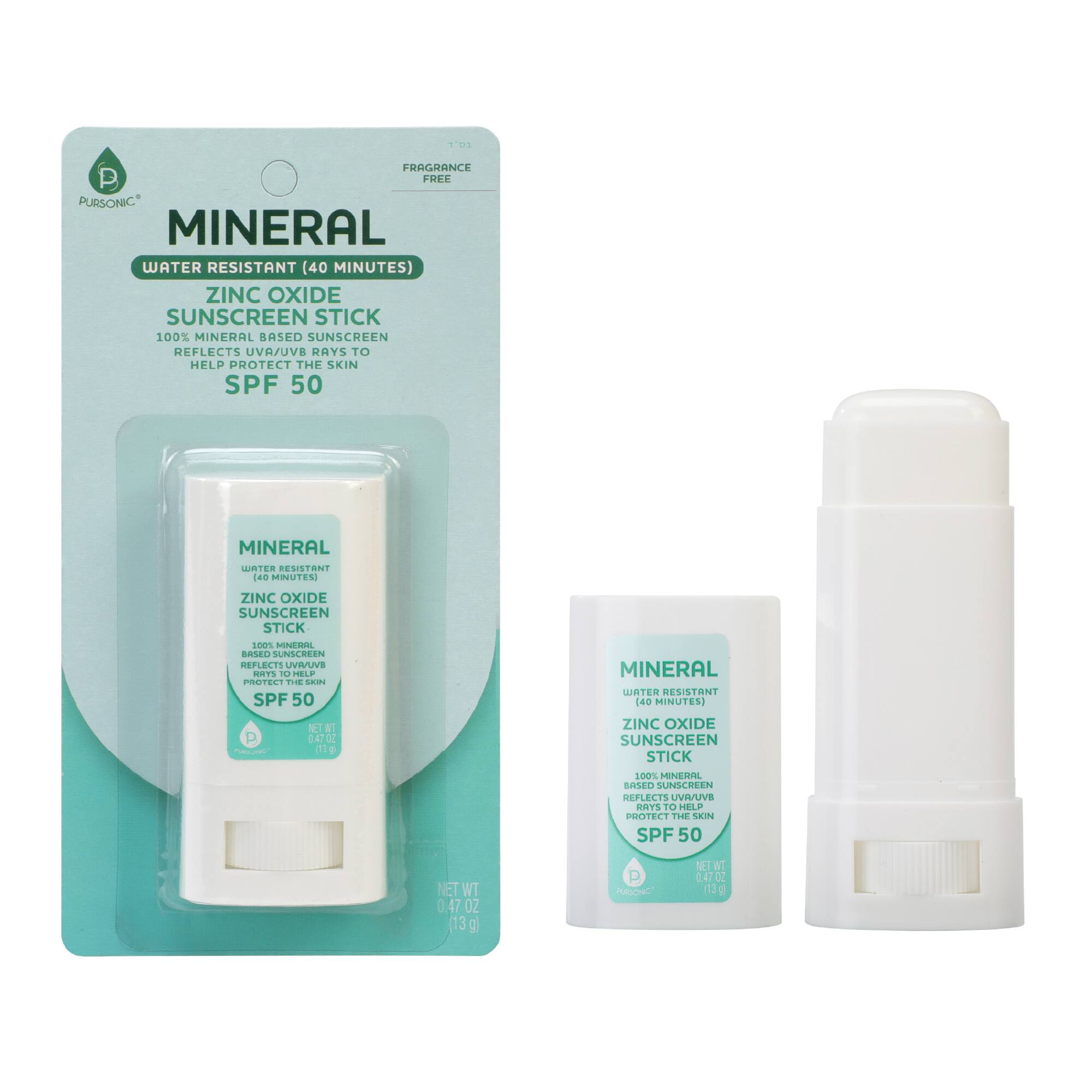 MINERAL  
WATER RESISTANT (40 MINUTES)  
ZINC OXIDE SUNSCREEN STICK  
100% MINERAL BASED SUNSCREEN REFLECTS UVA/UVB RAYS TO HELP PROTECT THE SKIN SPF 50  
FRAGRANCE FREE  
NET WT 0.47 OZ (13 g)
