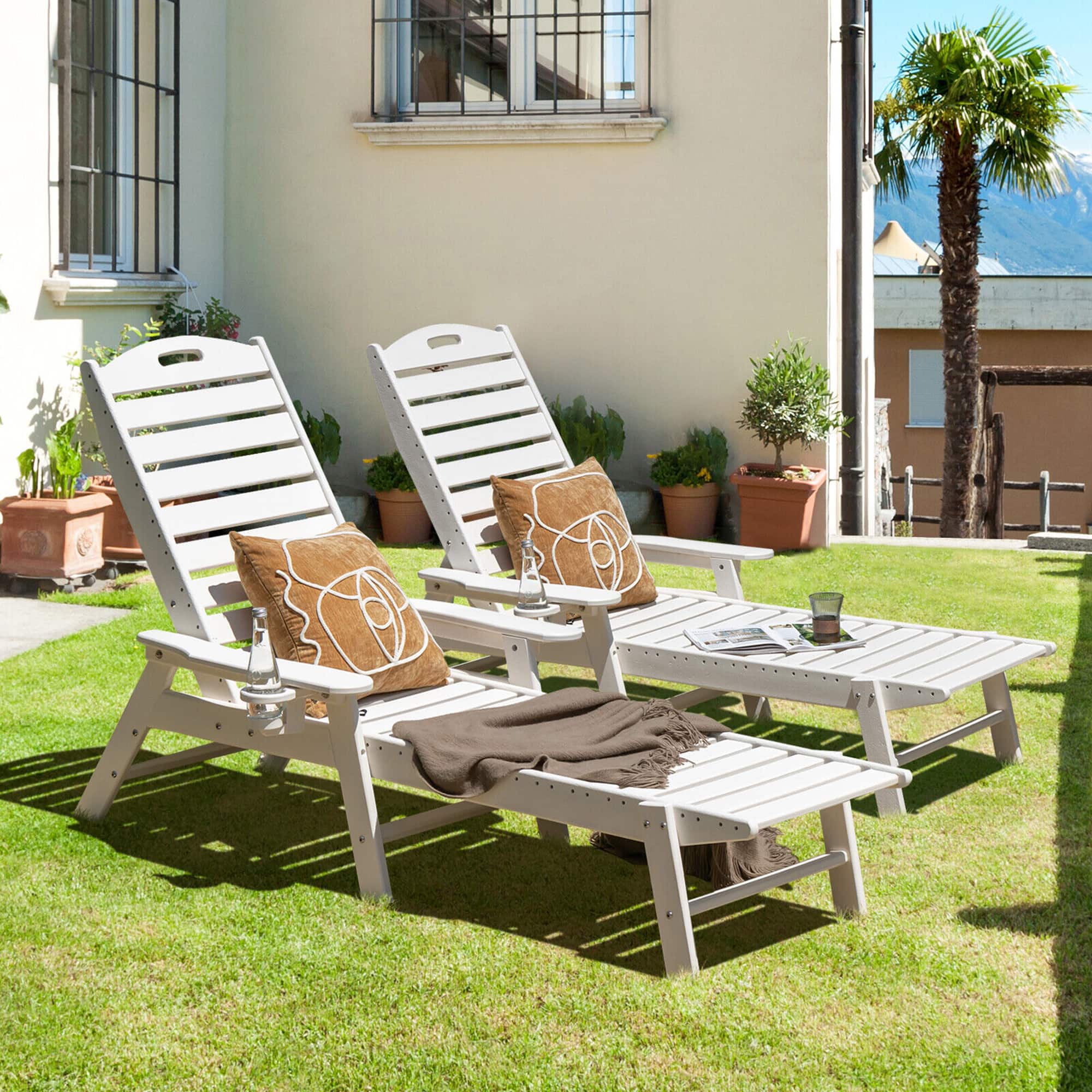 Gymax - 2PCS Patio Chaise Lounge HDPE Reclining Chair w/ 5-Position Adjustable Backrest & Cup Holder - White