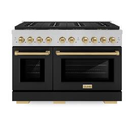 ZLINE - Autograph 48 in. 6.7 cu. ft. Freestanding Paramount Gas DuoPro Range in Satin Steel with Black Doors & Bronze Accents - Black Matte