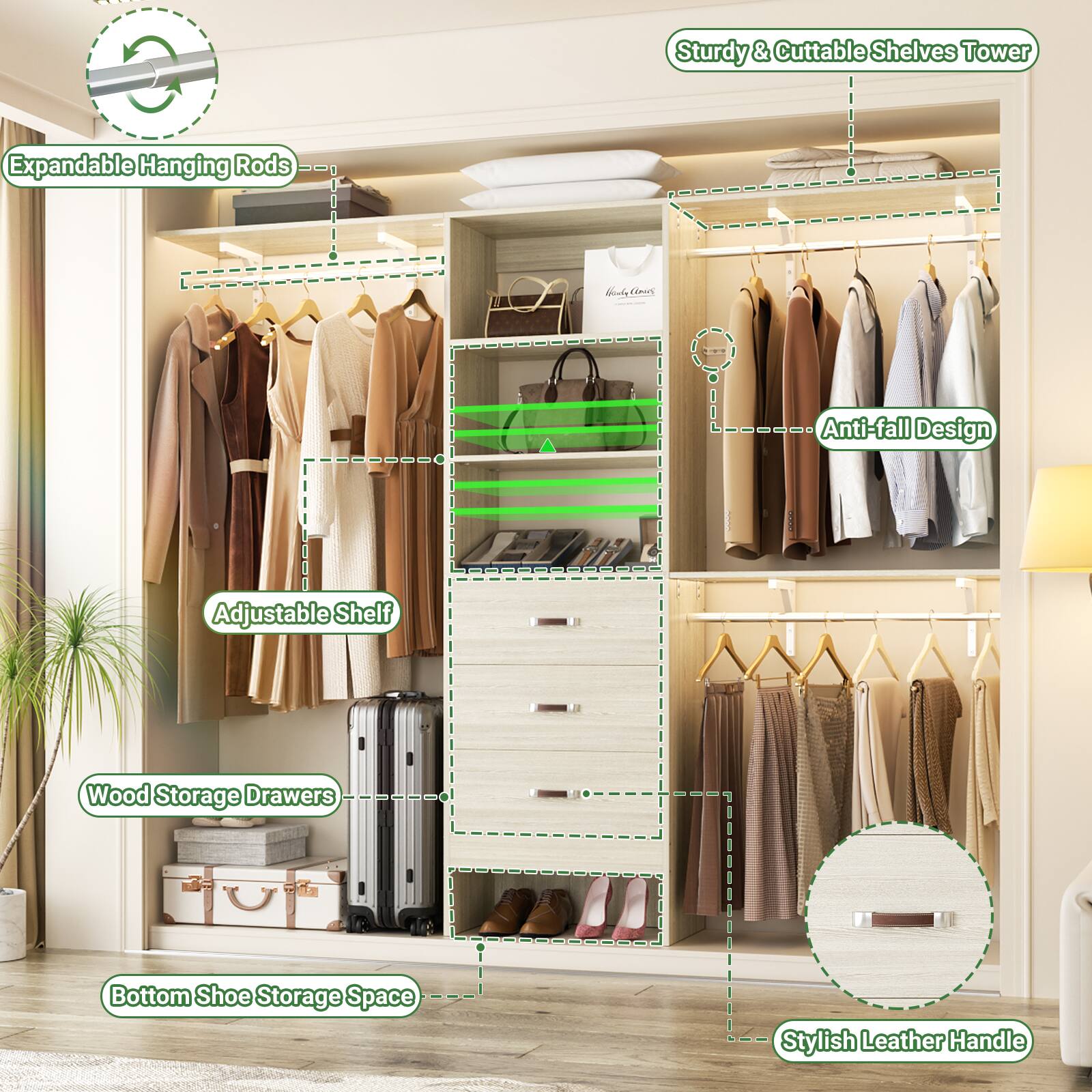 - Expandable Hanging Rods
- Sturdy & Cuttable Shelves Tower
- Anti-fall Design
- Adjustable Shelf
- Wood Storage Drawers
- Bottom Shoe Storage Space
- Stylish Leather Handle