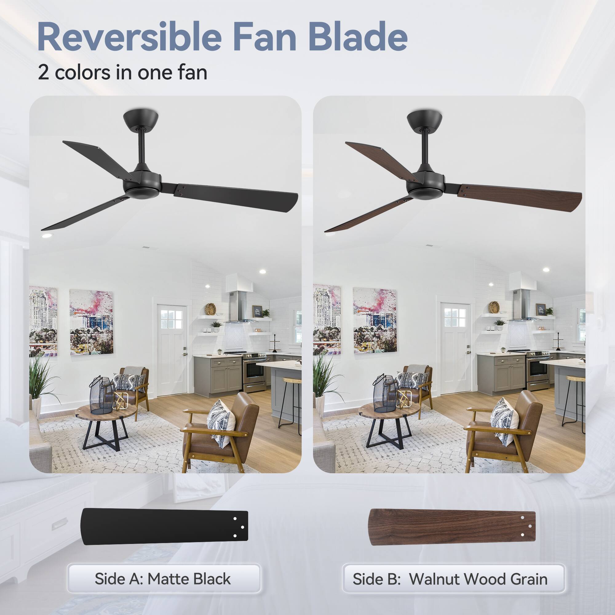 Reversible Fan Blade
2 colors in one fan
Side A: Matte Black
Side B: Walnut Wood Grain