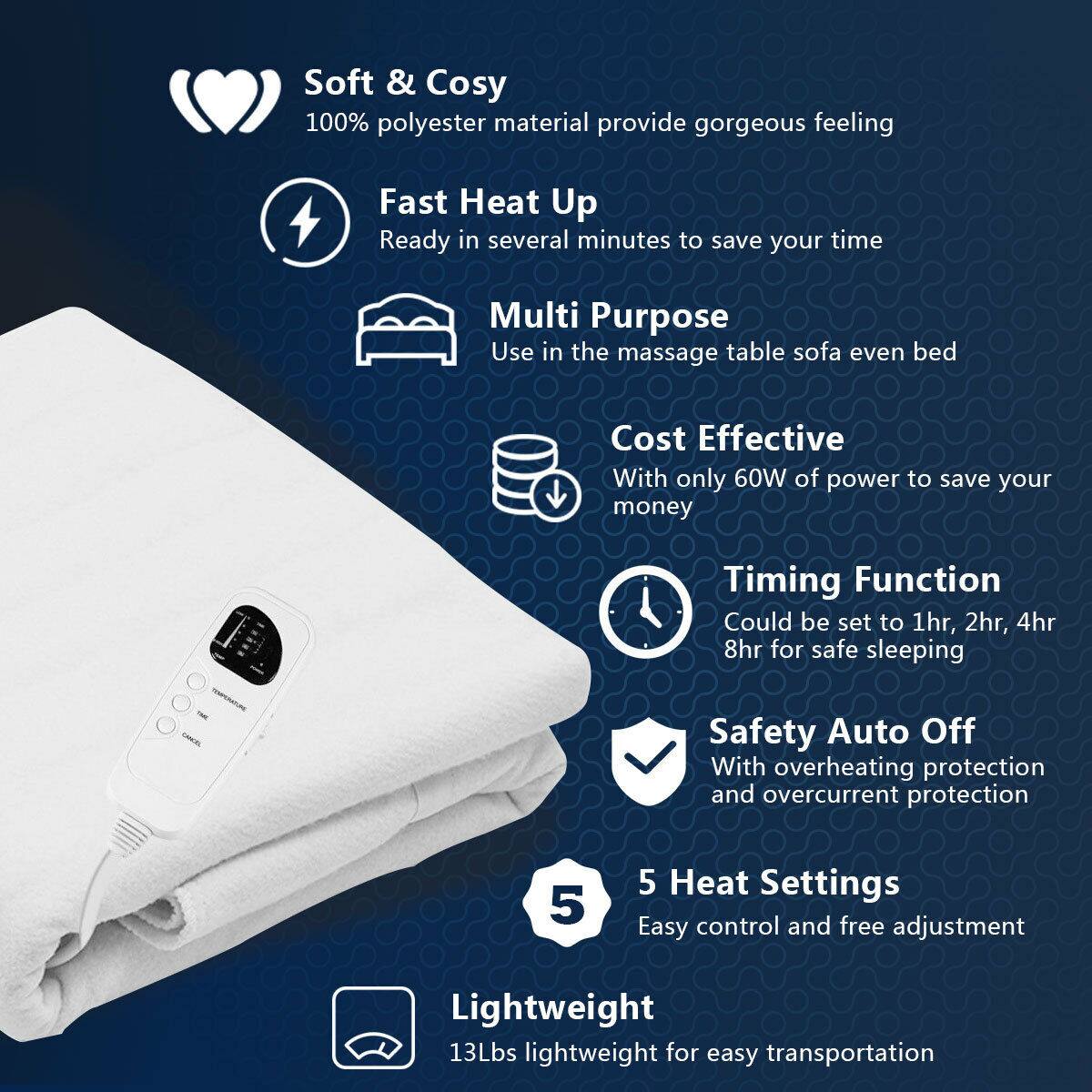 Soft & Cosy: 100% polyester material provides a gorgeous feeling.

Fast Heat Up: Ready in several minutes to save your time.

Multi Purpose: Use in the massage table, sofa, even bed.

Cost Effective: With only 60W of power to save your money.

Temperature - Timing Function: Could be set to 1hr, 2hr, 4hr, 8hr for safe sleeping.

Safety: Auto Off with overheating protection and overcurrent protection.

5 Heat Settings: Easy control and free adjustment.

Lightweight: 13Lbs lightweight for easy transportation.