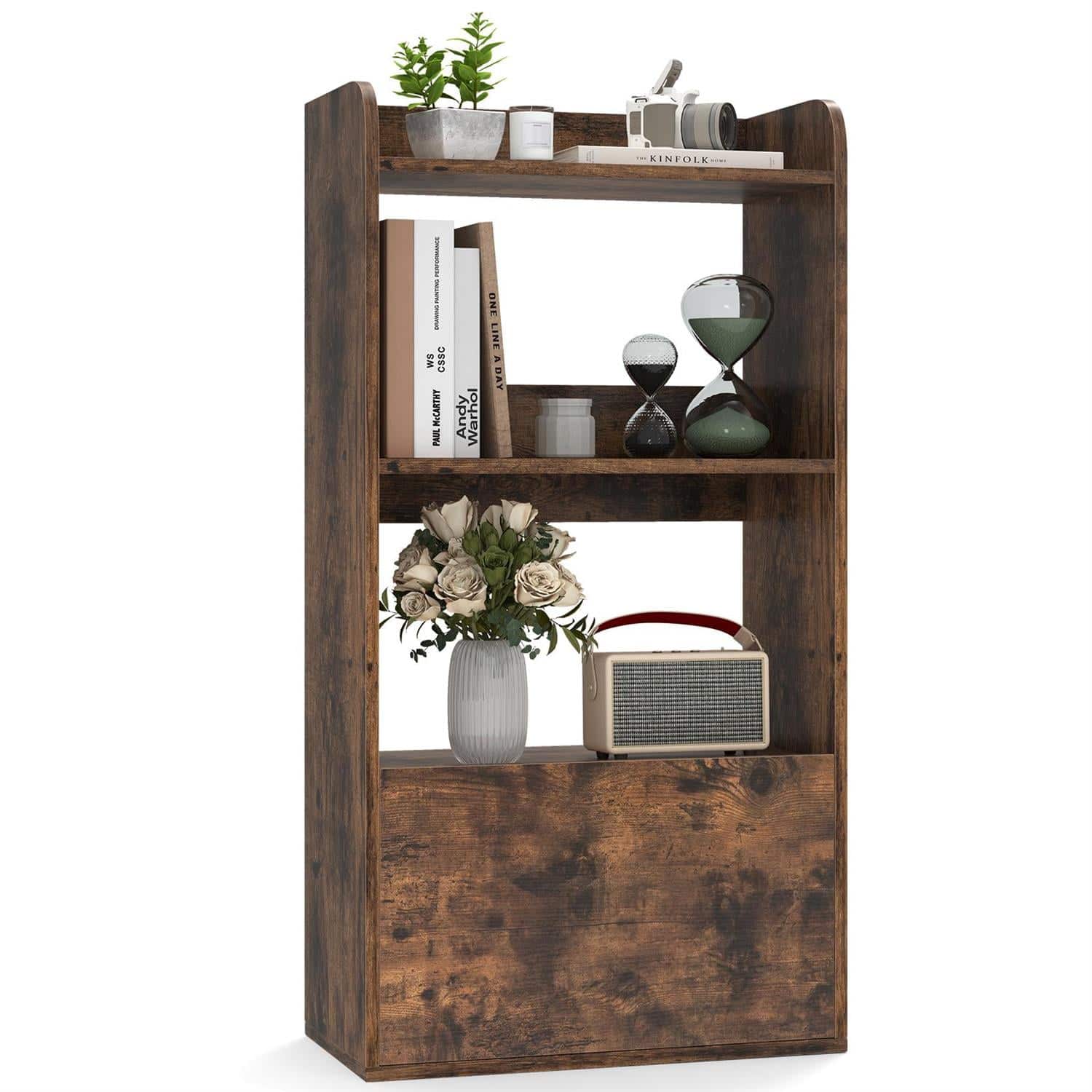 Pefilos - Freestanding 3-Tier Open Bookshelf - Reinforced Structure Drawer Storage, Home Organizer, Rustic - Brown