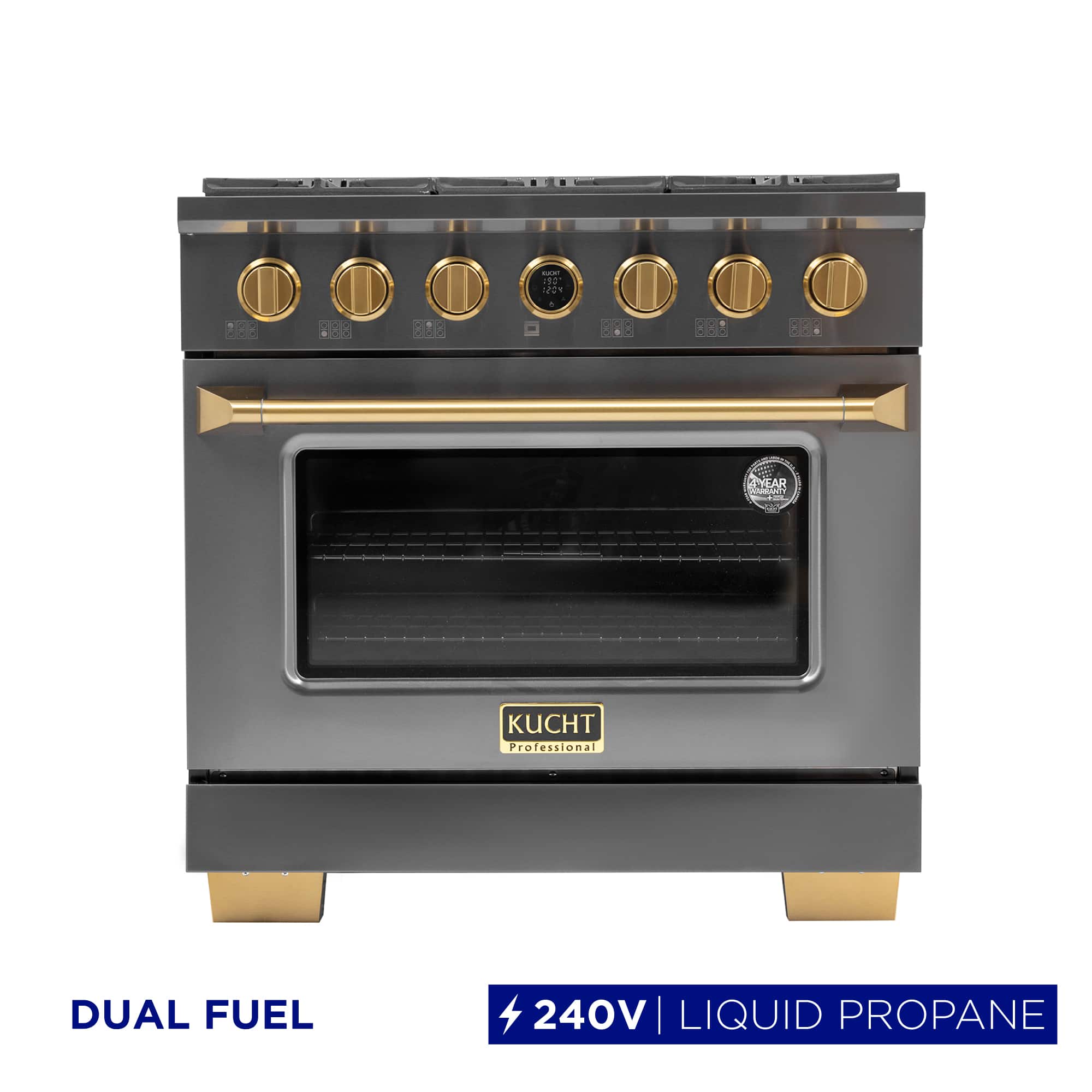36 in. 5.2 cu. ft. Dual Fuel Range, 6 Burners, LP, Titanium SS, Kucht Horus Thermostat - Gemstone