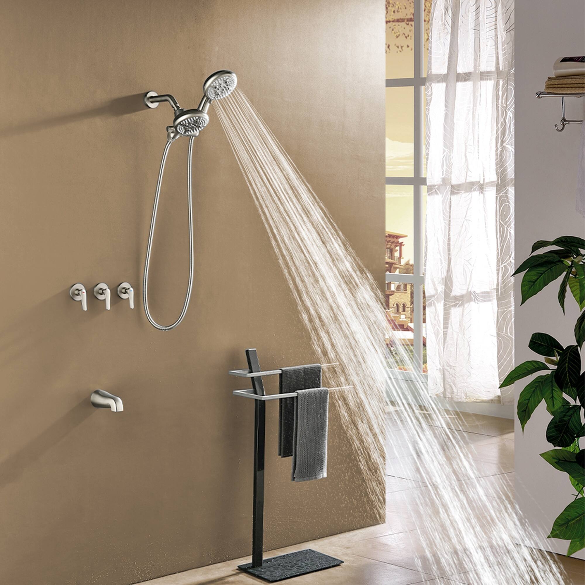 Alt View 3. Boyel Living - Brushed Nickel Three Handle Shower System Brass SUS304 5-Function Dual ABS Shower Heads 60-Inch Hose - Brushed Nickel.