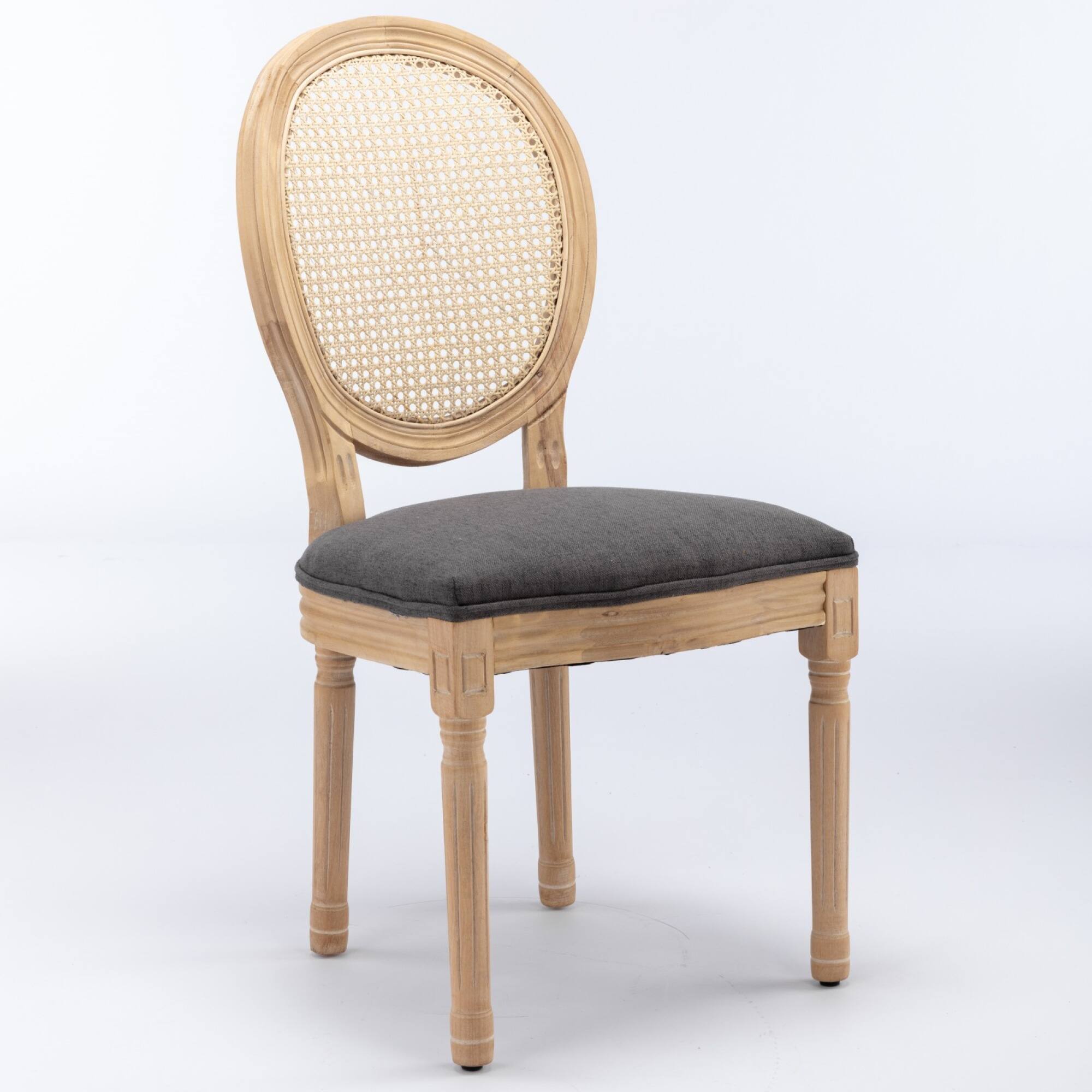 Left. GOODSILO - French Style Solid Wood Dining Chairs with Linen Upholstery and Rattan Backrest, Set of 2 - Gray.