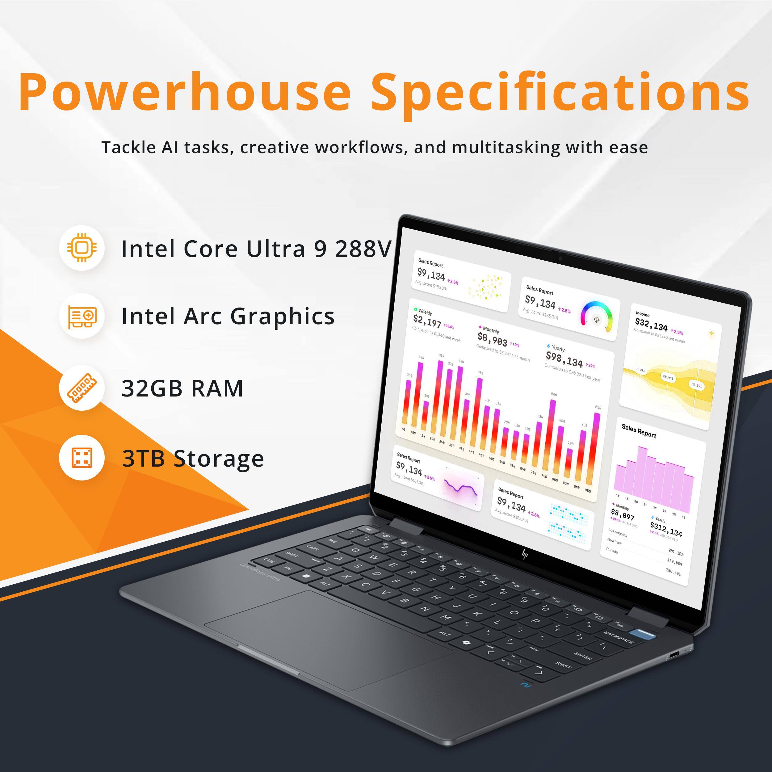 Powerhouse Specifications  
Tackle AI tasks, creative workflows, and multitasking with ease  

- Intel Core Ultra 9 288V  
- Intel Arc Graphics  
- 32GB RAM  
- 3TB Storage