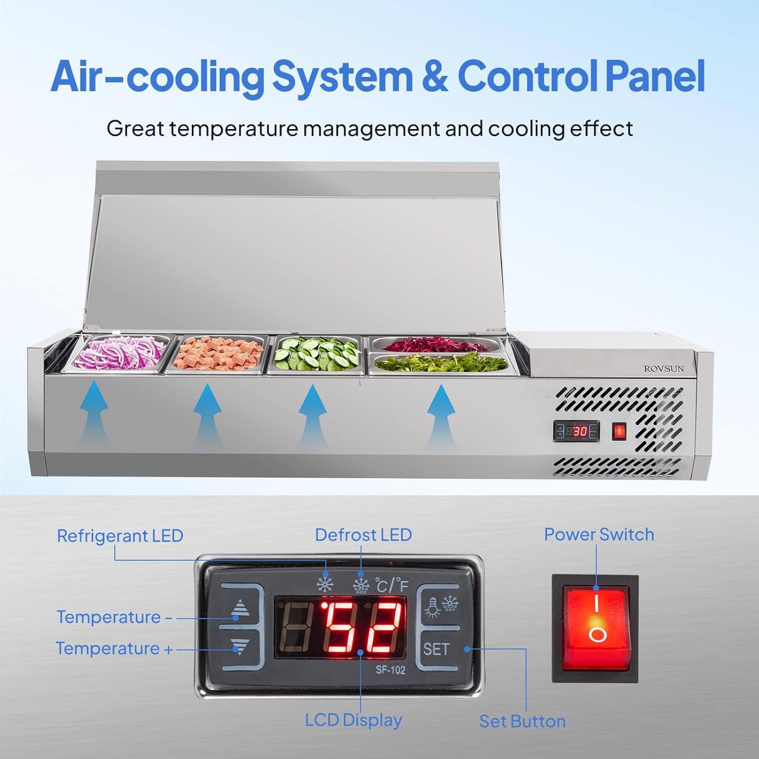 Air-cooling System & Control Panel  
Great temperature management and cooling effect  

ROVSUN  

Refrigerant LED  
Defrost LED  
Temperature -  
Temperature +  
LCD Display  
Set Button  

SF-102