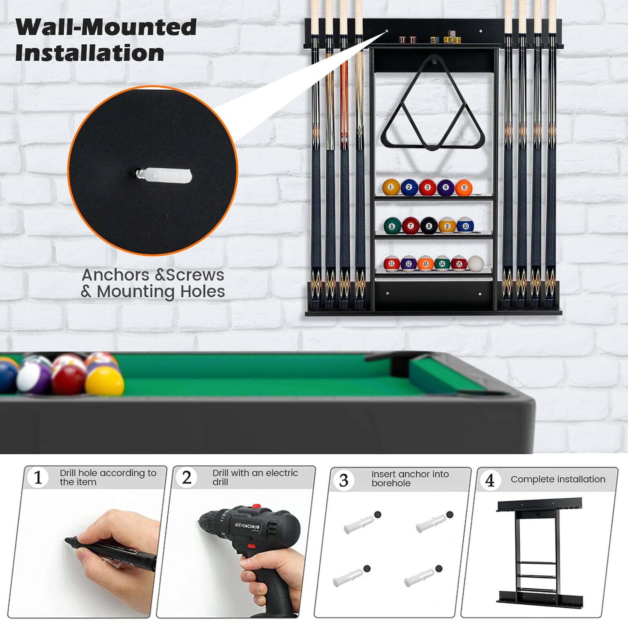 Wall-Mounted Installation

1. Drill hole according to the item
2. Drill with an electric drill
3. Insert anchor into borehole
4. Complete installation

Anchors & Screws & Mounting Holes