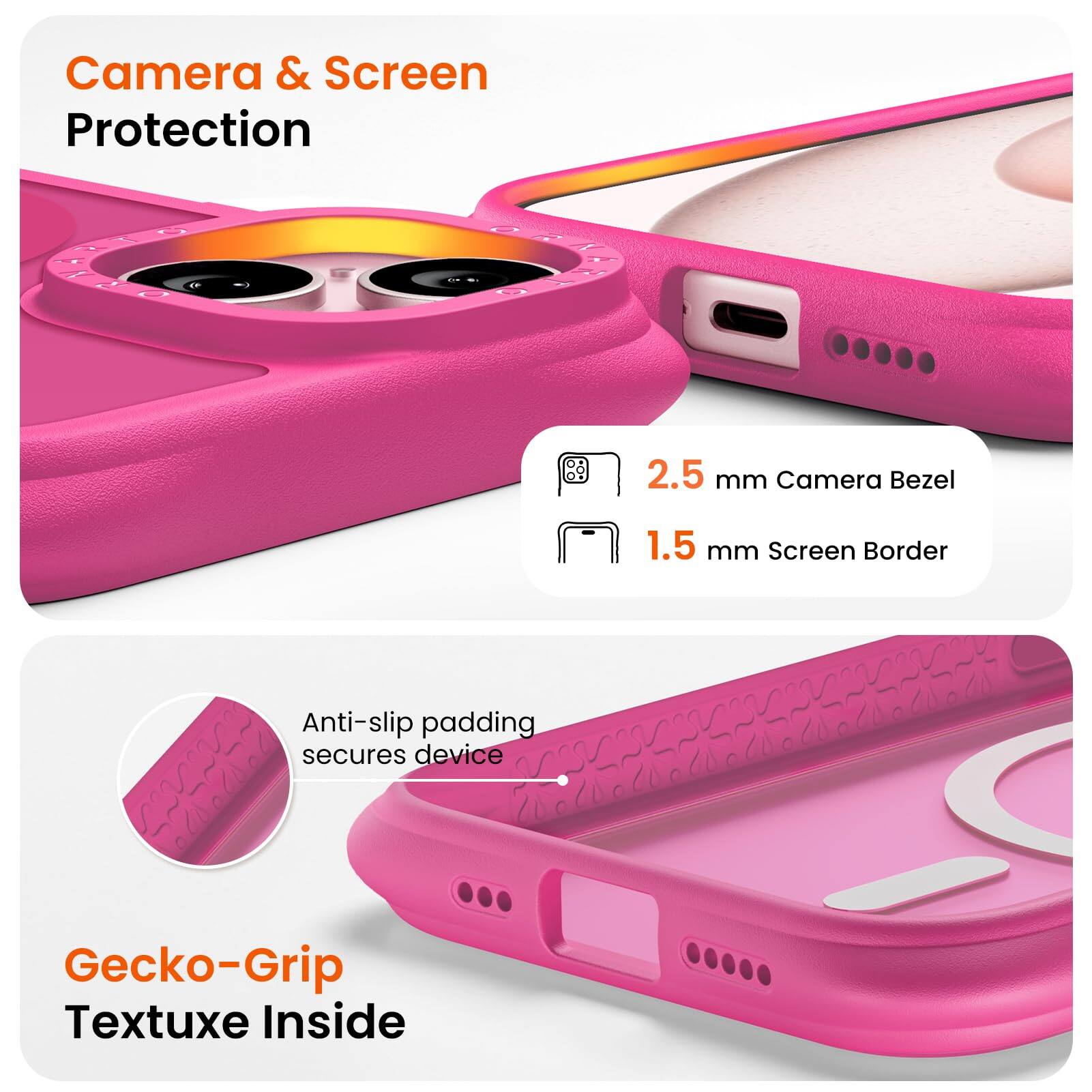 Camera & Screen Protection  
2.5 mm Camera Bezel  
1.5 mm Screen Border  
Anti-slip padding secures device  
Gecko-Grip Textuxe Inside