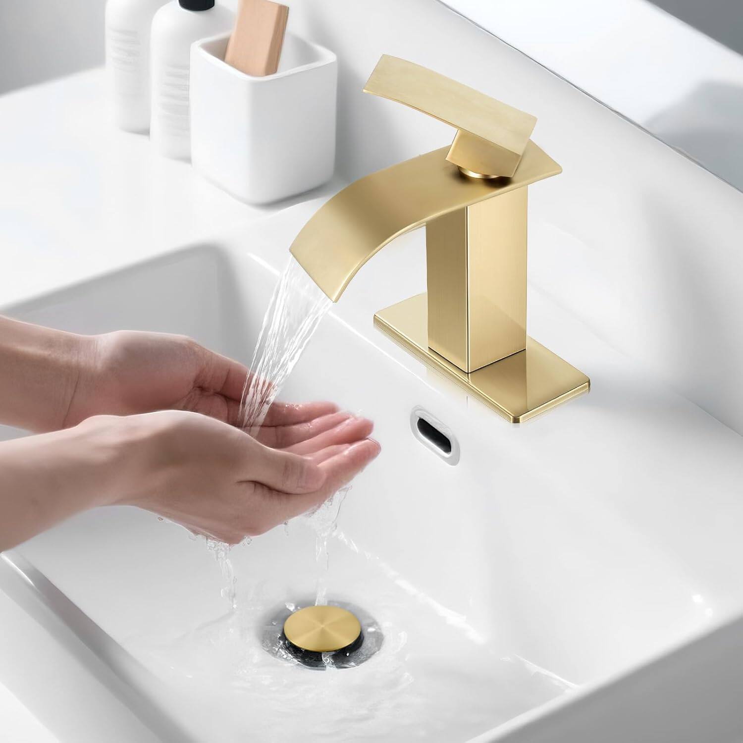 Left. DOMETOUR - Single Handle Bathroom Faucet Lavatory Faucet Stainless Steel Single Hole-TP - Brushed Gold.