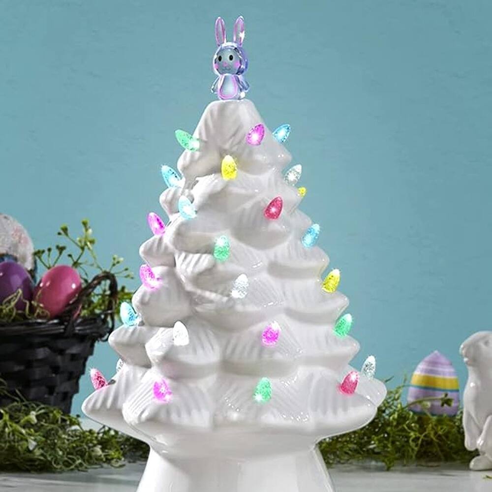 Left. Schertz - Ceramic Easter Tree Replacement Lights – 100 Bulbs in 5 Pastel Colors with 3 Bunny & Egg Tree Toppers - multicolored.